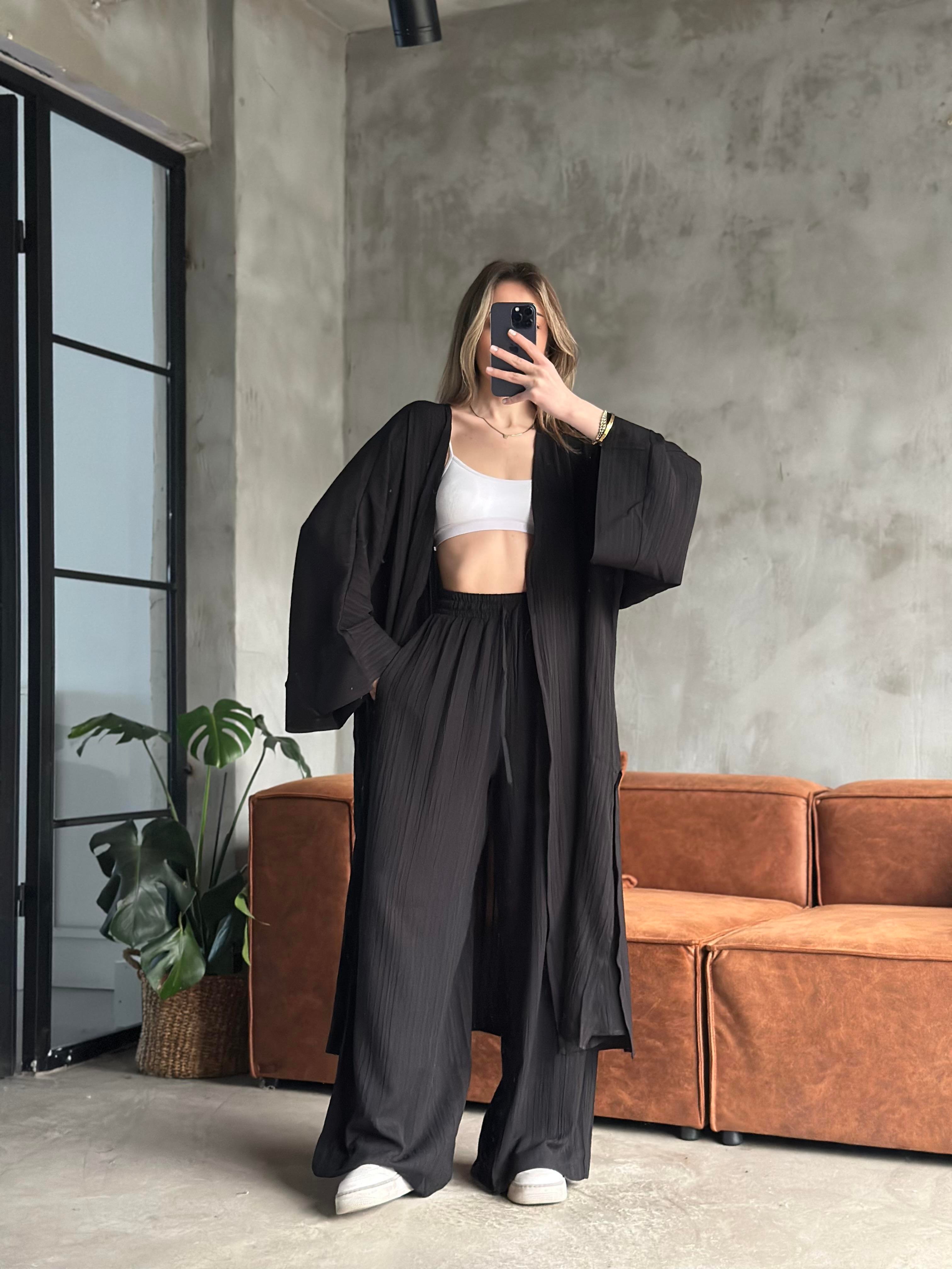Heny Maxi Kimono Gofre Takım - Siyah - Dominatrend