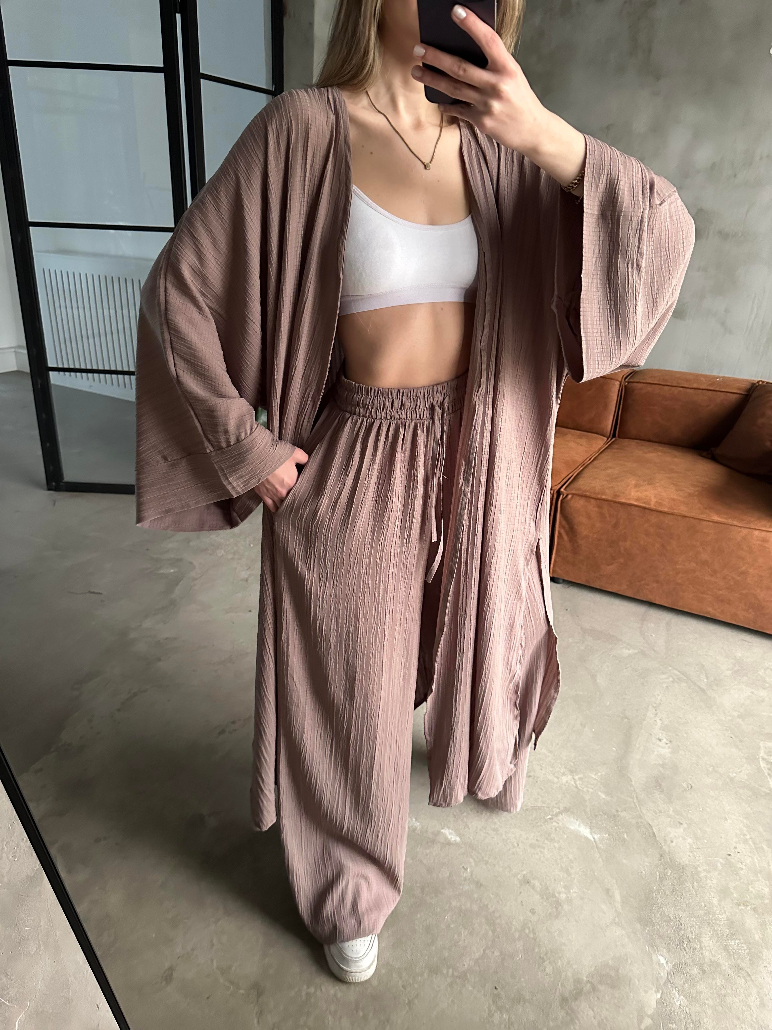 Heny Maxi Kimono Gofre Takım - Vizon - Dominatrend