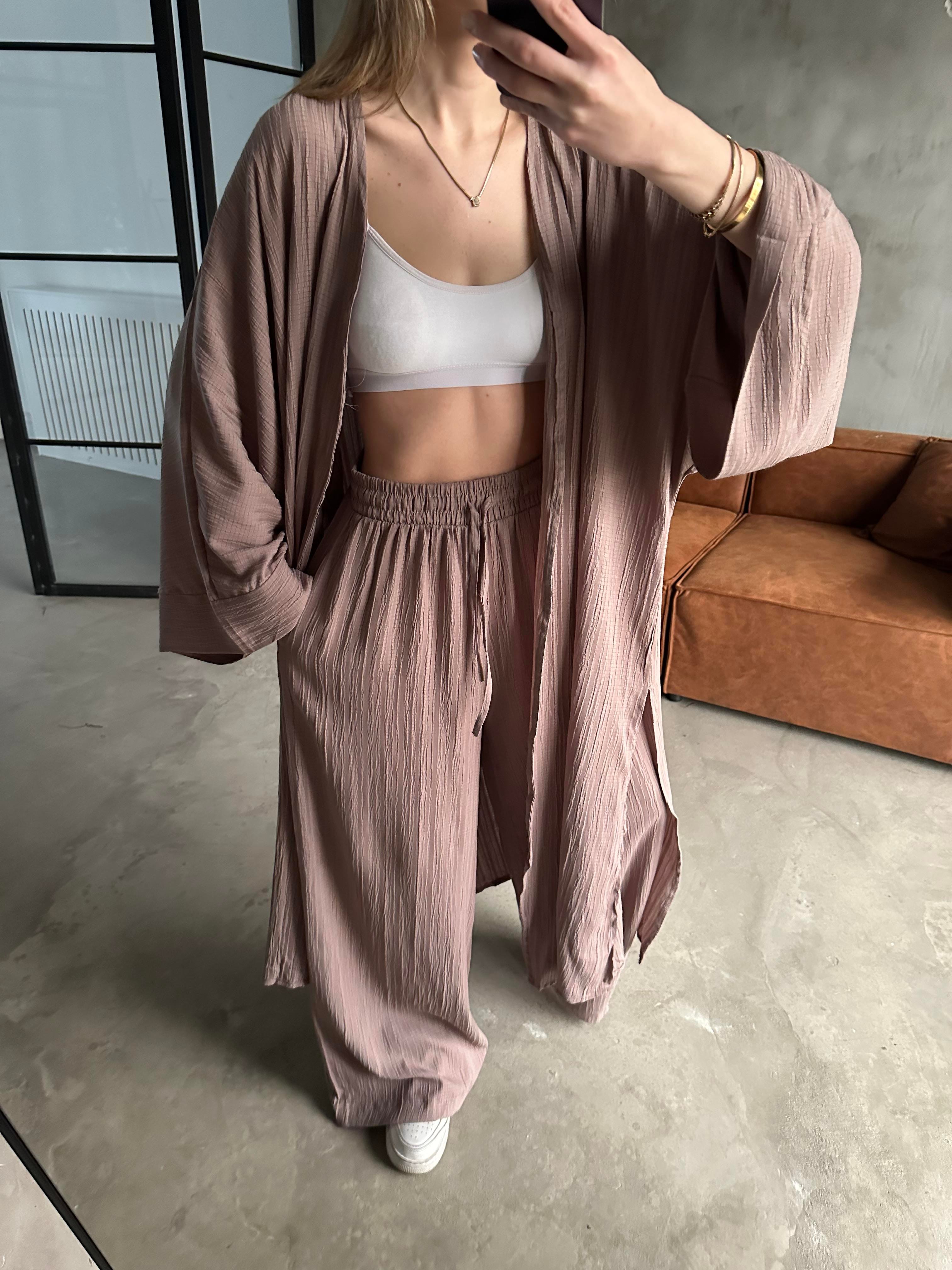 Heny Maxi Kimono Gofre Takım - Vizon - Dominatrend