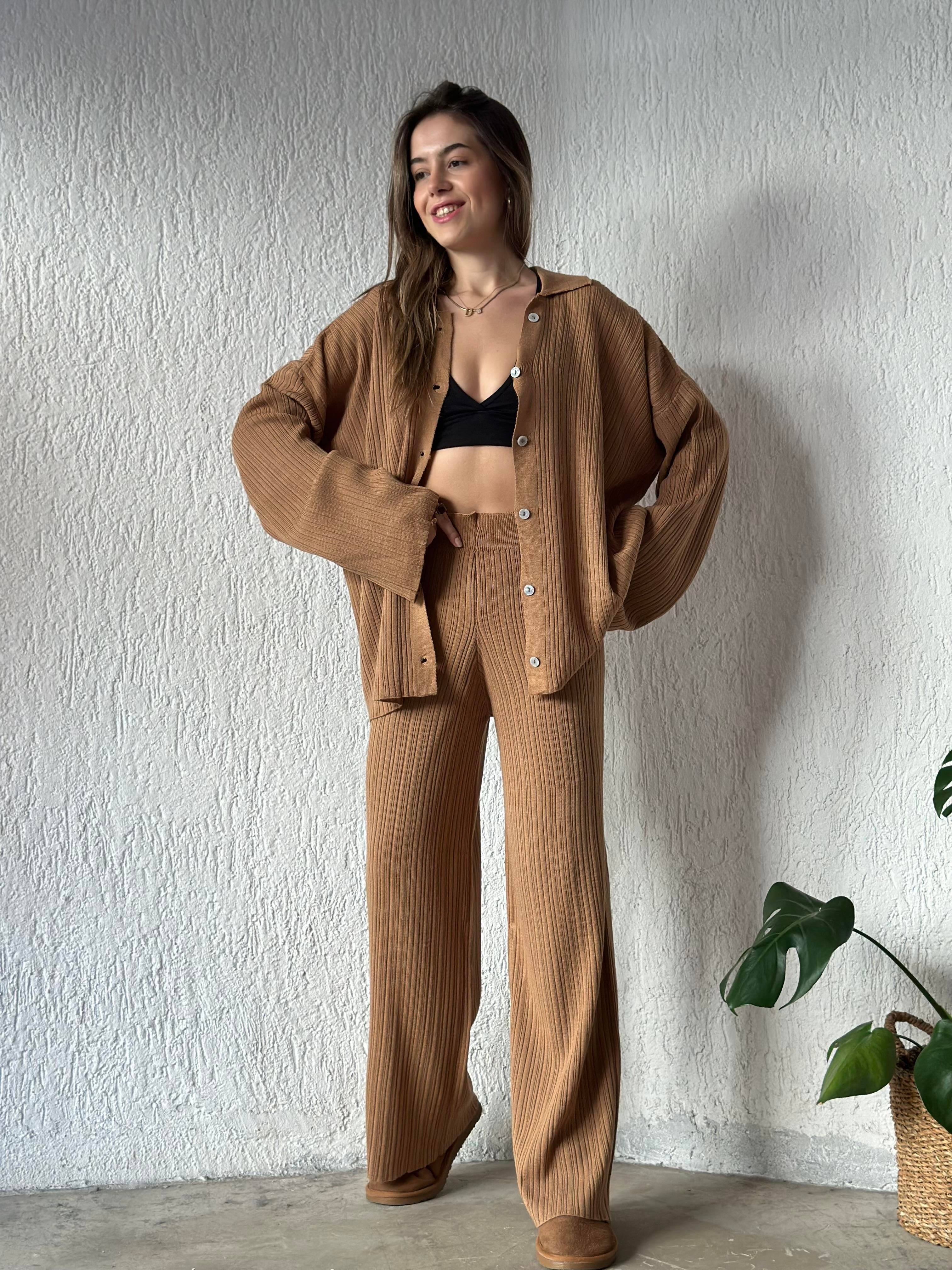 Hırkalı Triko Takım - Camel - Dominatrend