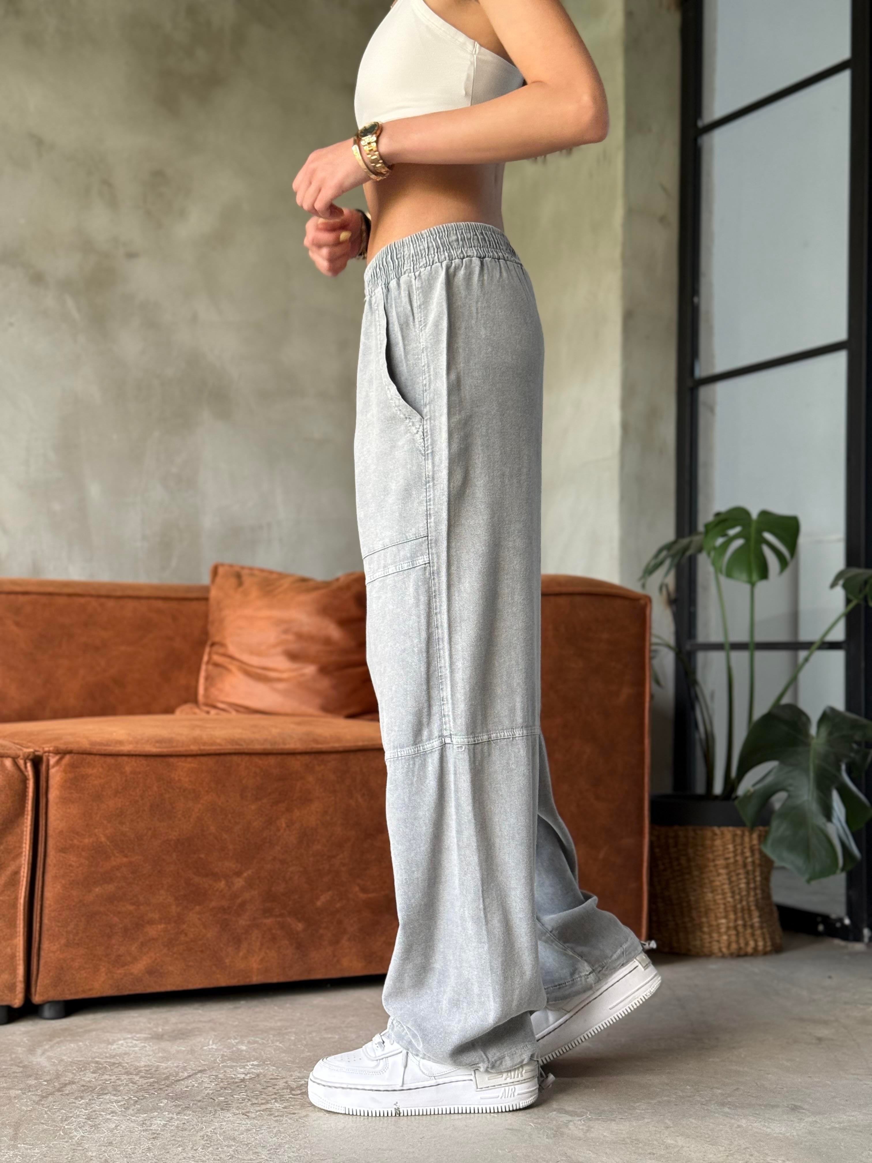 Hola Gri Yıkamalı Paça Lastikli Pantolon  - Dominatrend