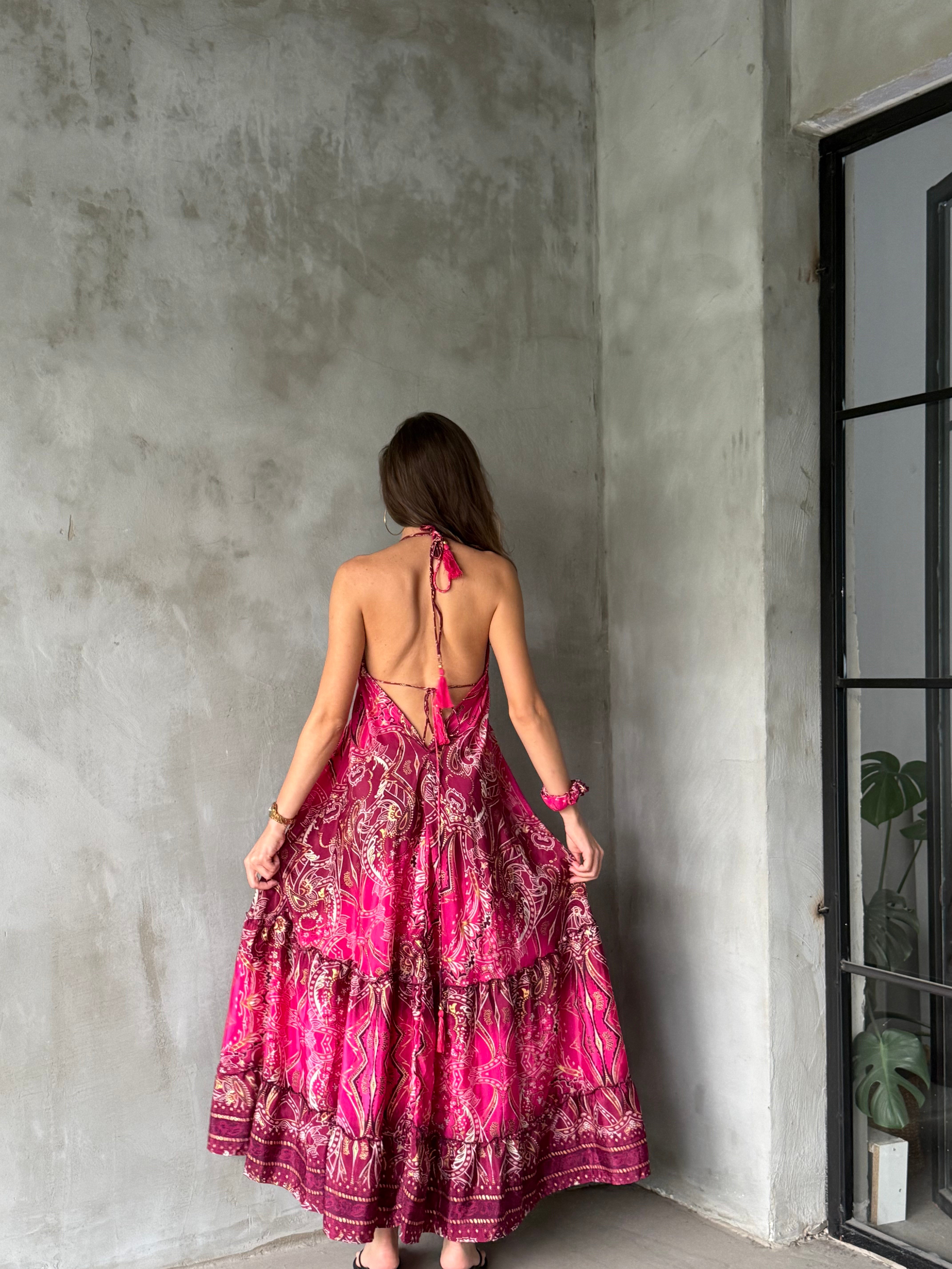 İthal Etnik Desenli Sırt Dekolteli Elbise - Pembe - Dominatrend