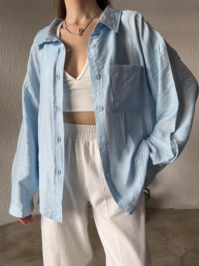 İthal Keten Oversize Gömlek - Bebe Mavi - Dominatrend