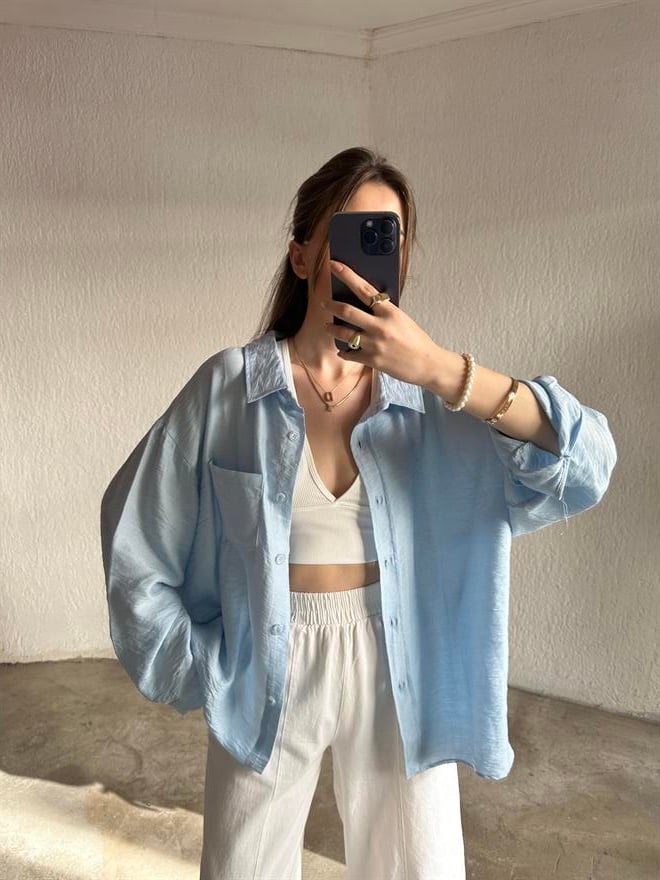 İthal Keten Oversize Gömlek - Bebe Mavi - Dominatrend
