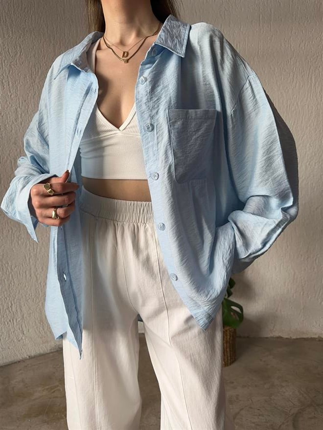 İthal Keten Oversize Gömlek - Bebe Mavi - Dominatrend