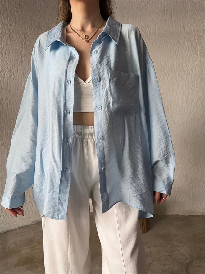 İthal Keten Oversize Gömlek - Bebe Mavi - Dominatrend