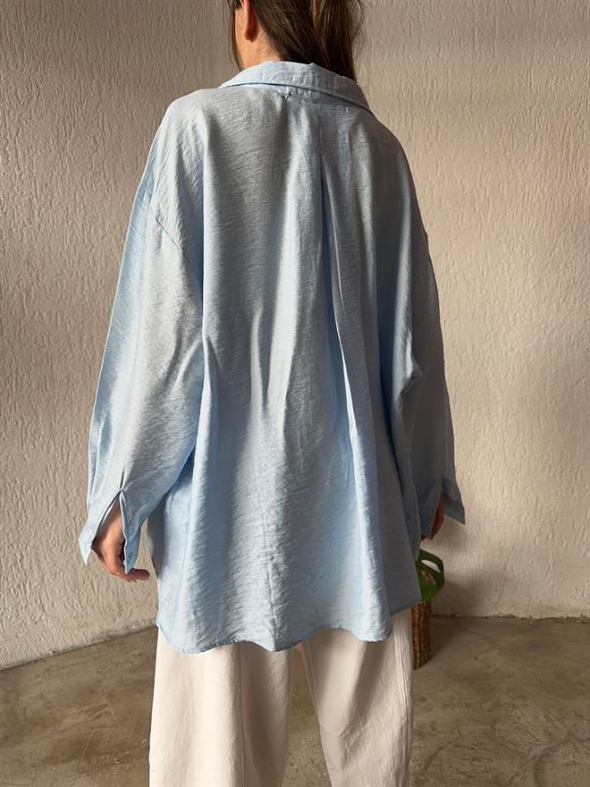 İthal Keten Oversize Gömlek - Bebe Mavi - Dominatrend