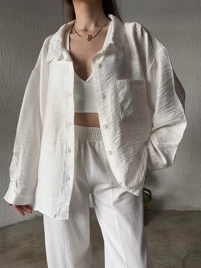 İthal Keten Oversize Gömlek - Beyaz - Dominatrend