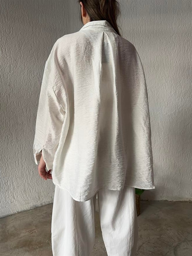 İthal Keten Oversize Gömlek - Beyaz - Dominatrend