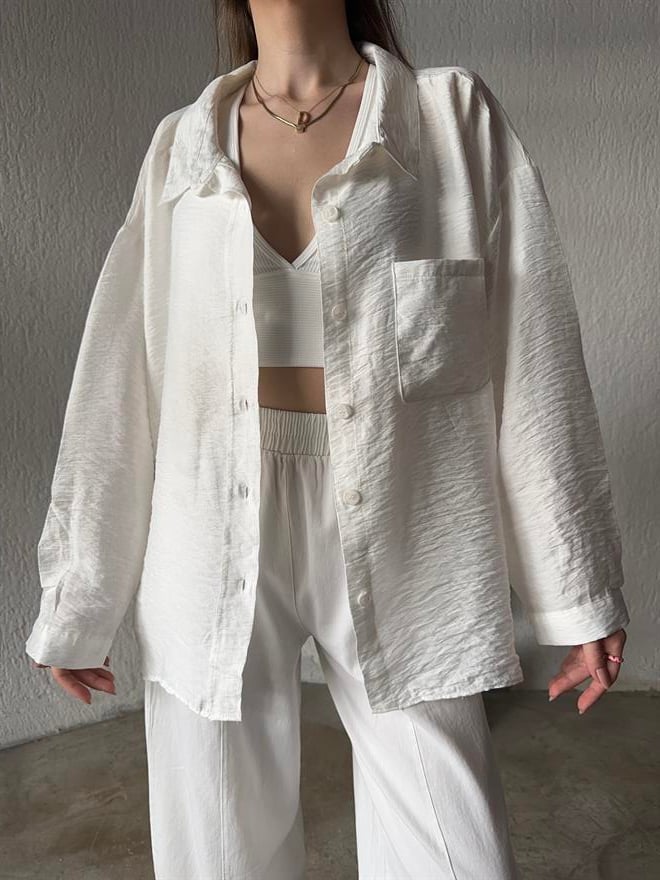 İthal Keten Oversize Gömlek - Beyaz - Dominatrend
