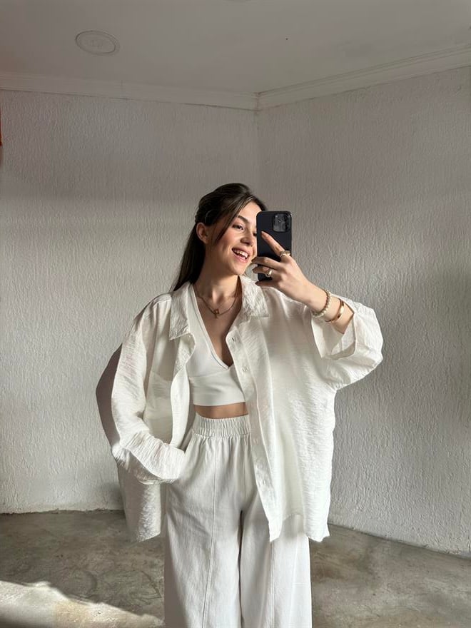 İthal Keten Oversize Gömlek - Beyaz - Dominatrend