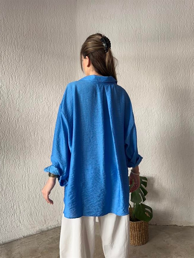 İthal Keten Oversize Gömlek - Mavi - Dominatrend