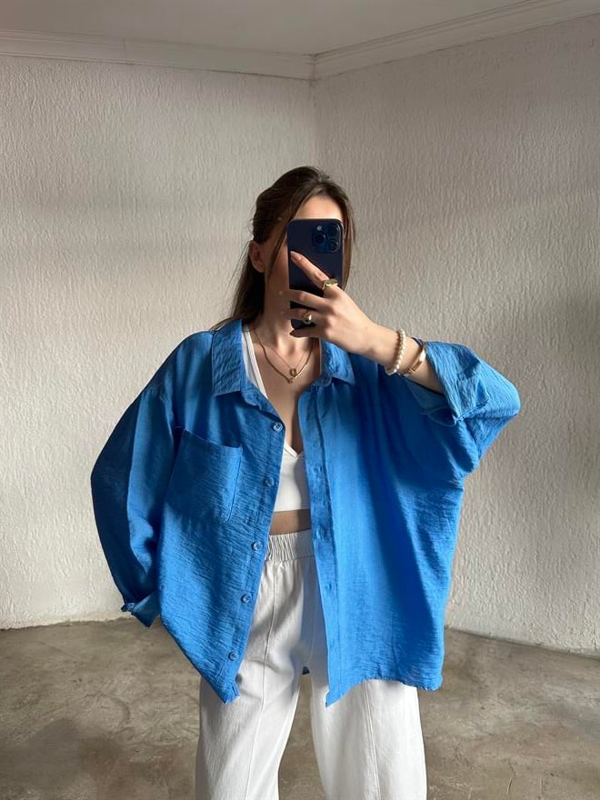 İthal Keten Oversize Gömlek - Mavi - Dominatrend
