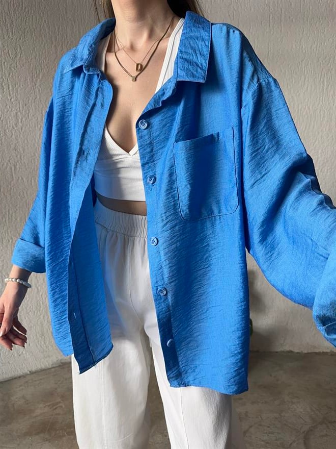 İthal Keten Oversize Gömlek - Mavi - Dominatrend