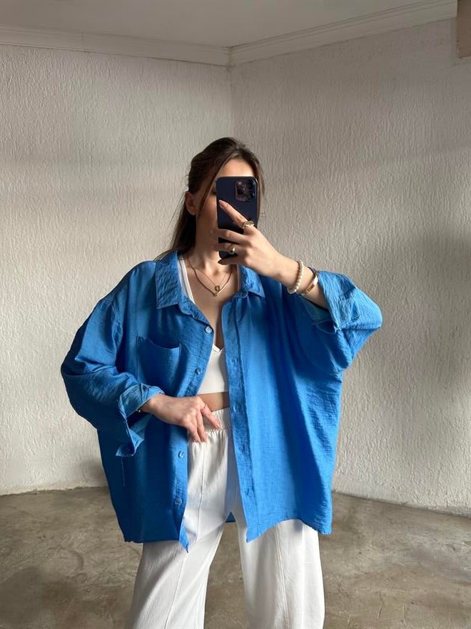 İthal Keten Oversize Gömlek - Mavi - Dominatrend