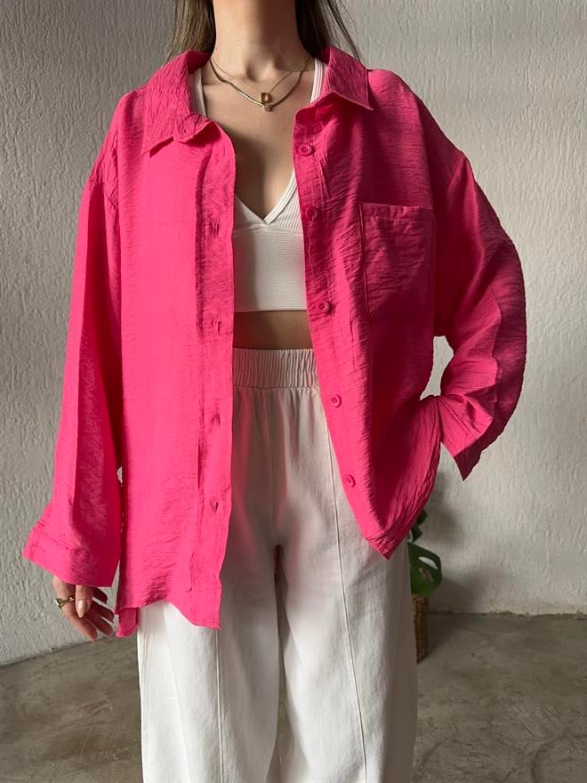 İthal Keten Oversize Gömlek - Pembe - Dominatrend