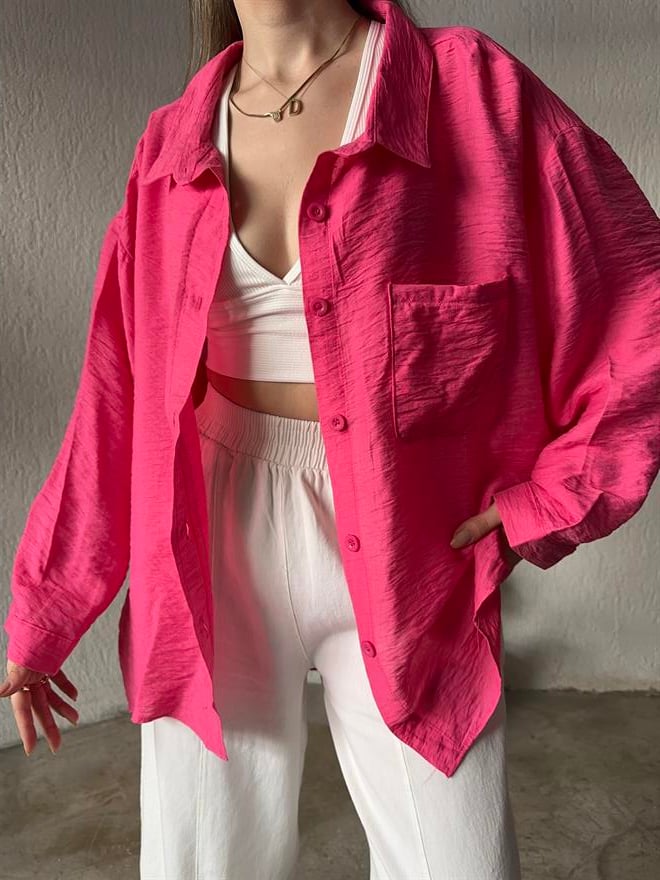 İthal Keten Oversize Gömlek - Pembe - Dominatrend
