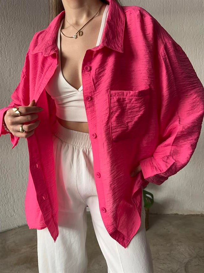 İthal Keten Oversize Gömlek - Pembe - Dominatrend