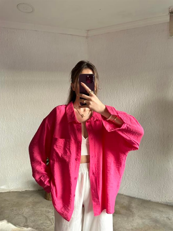 İthal Keten Oversize Gömlek - Pembe - Dominatrend