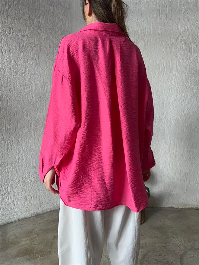 İthal Keten Oversize Gömlek - Pembe - Dominatrend