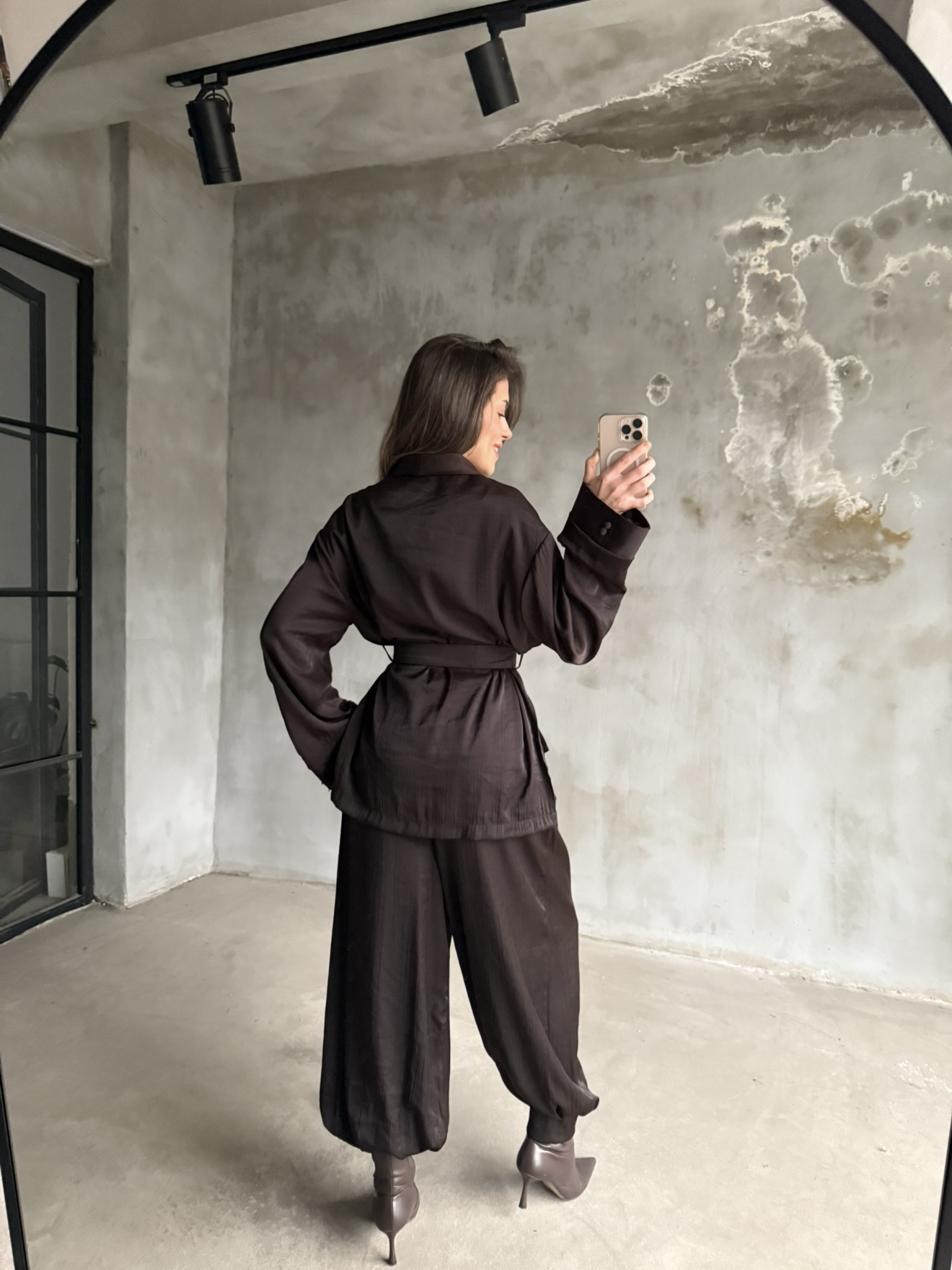 Kahve Saten Kimono Şalvar Pantolon İkili Takım - Dominatrend