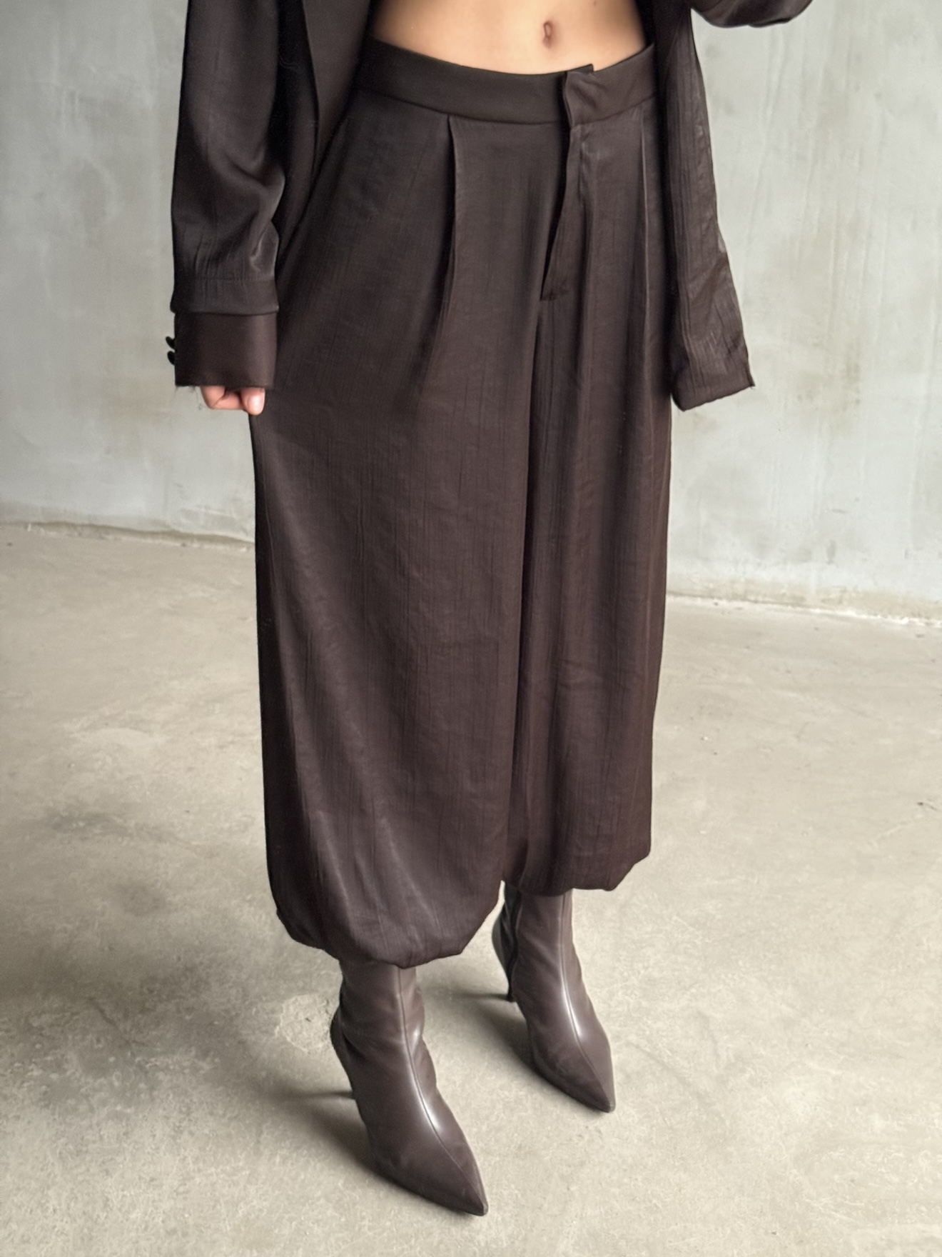 Kahve Saten Kimono Şalvar Pantolon İkili Takım - Dominatrend