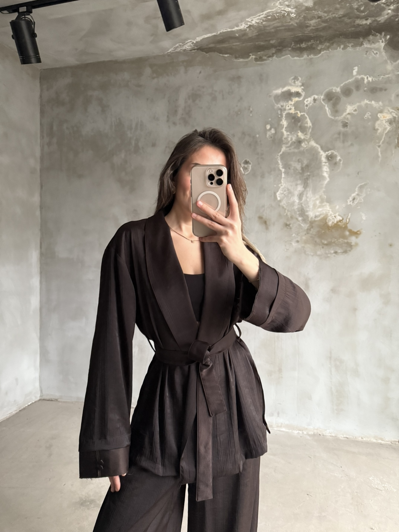 Kahve Saten Kimono Şalvar Pantolon İkili Takım - Dominatrend