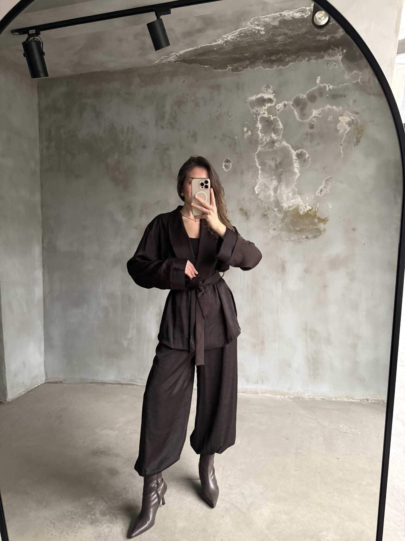 Kahve Saten Kimono Şalvar Pantolon İkili Takım - Dominatrend
