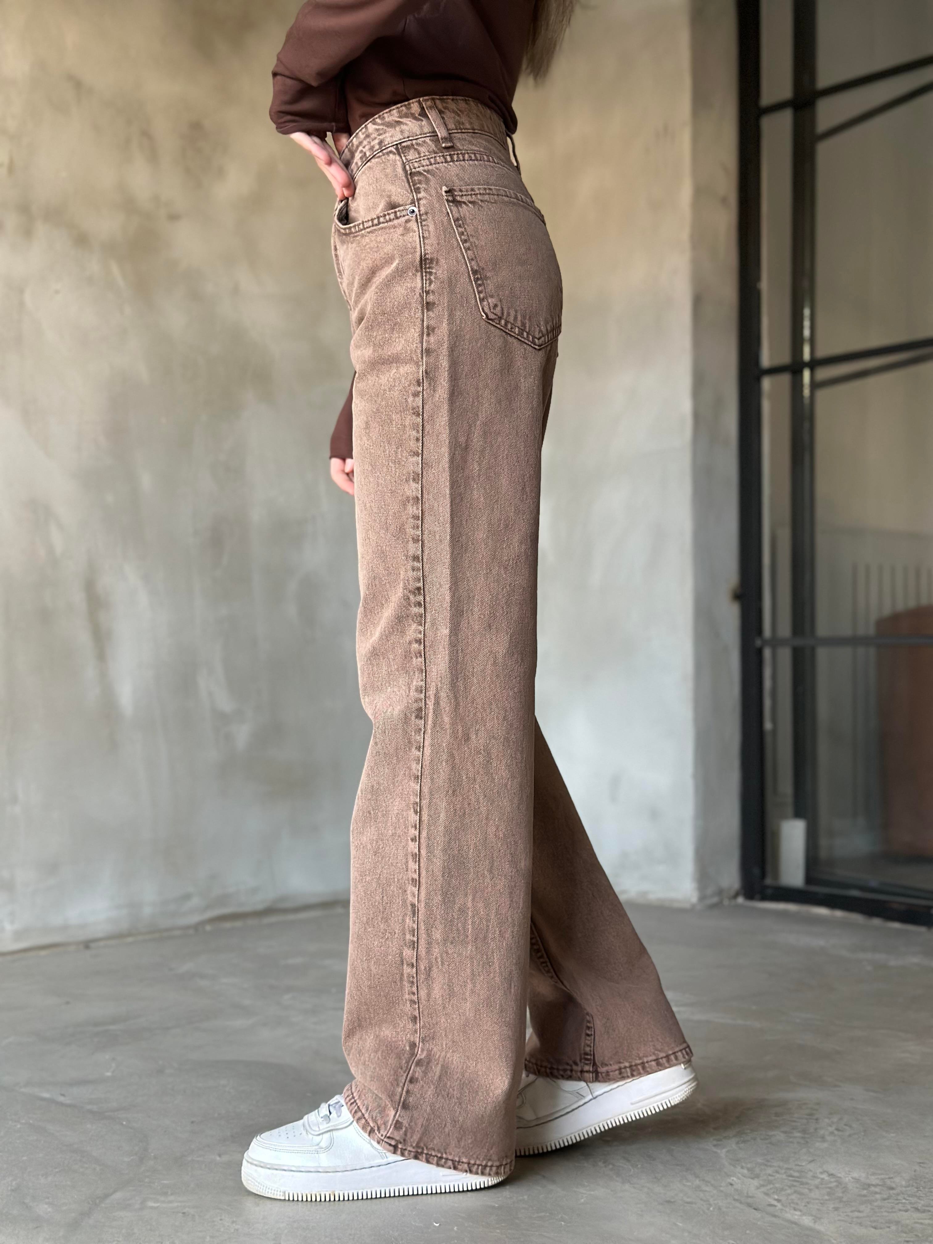 Kahve Yıkamalı Straight Fit Bol Paça Jean  - Dominatrend