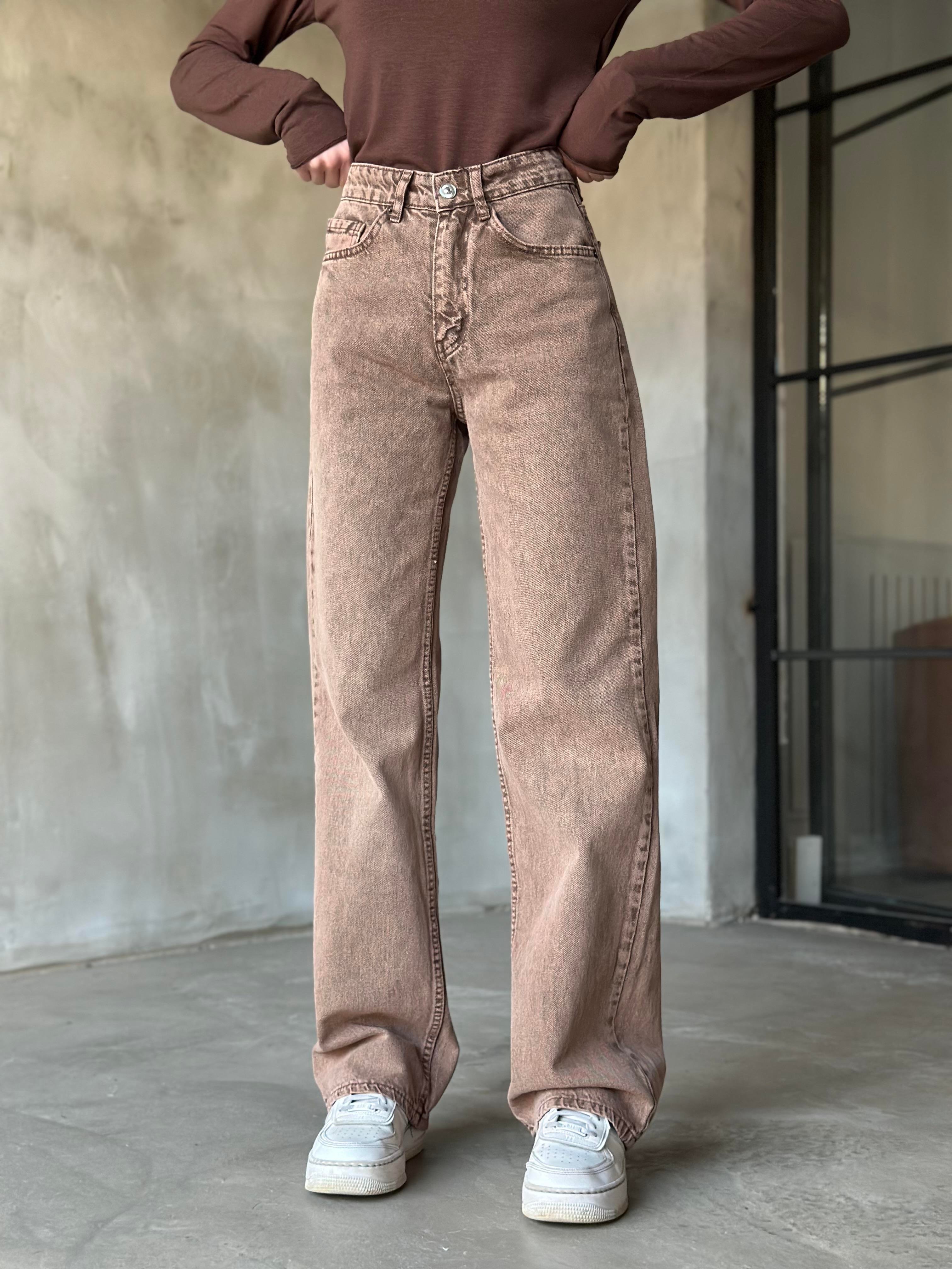 Kahve Yıkamalı Straight Fit Bol Paça Jean  - Dominatrend