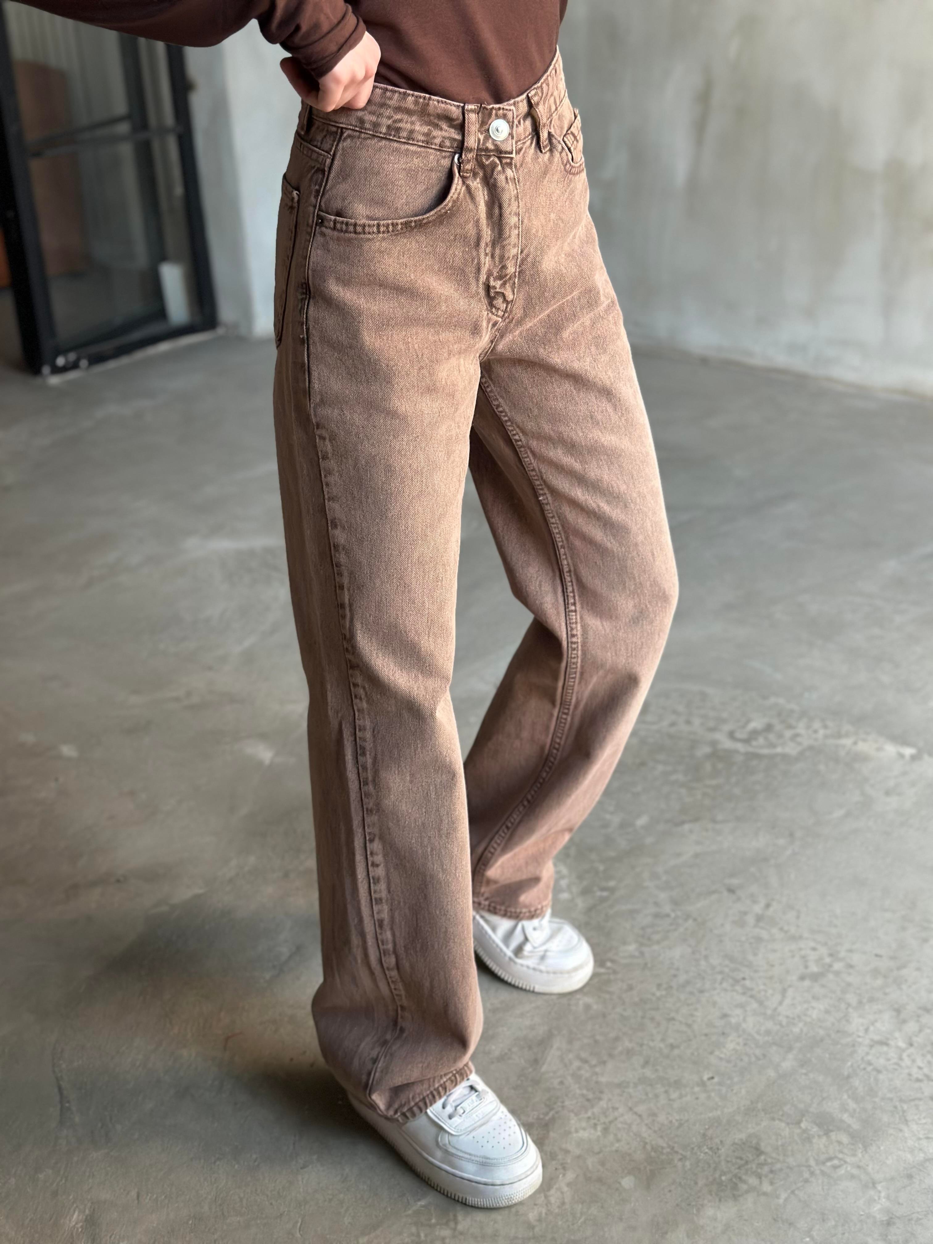 Kahve Yıkamalı Straight Fit Bol Paça Jean  - Dominatrend