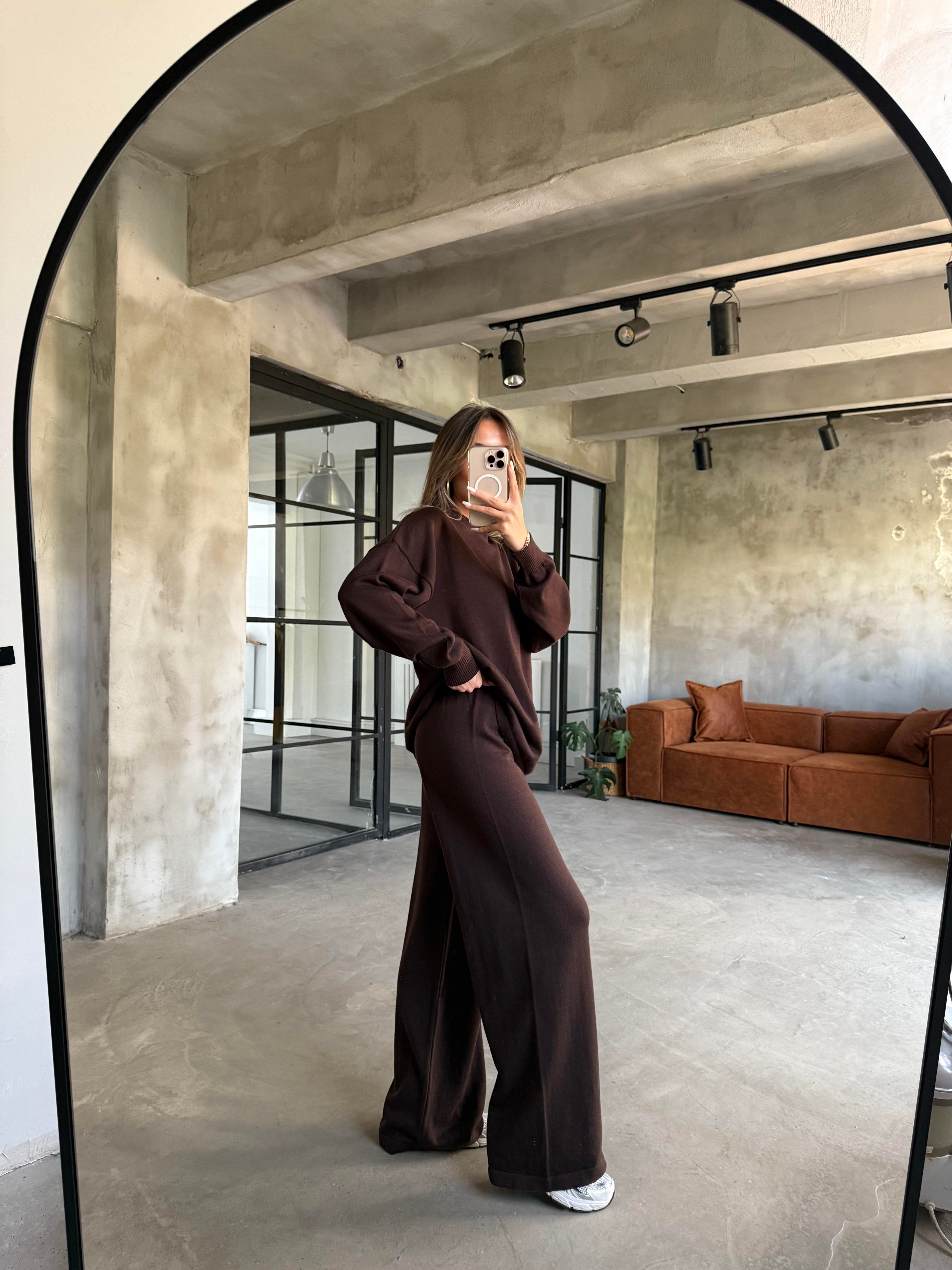 Kahverengi Basic Oversize Triko Takım - Dominatrend