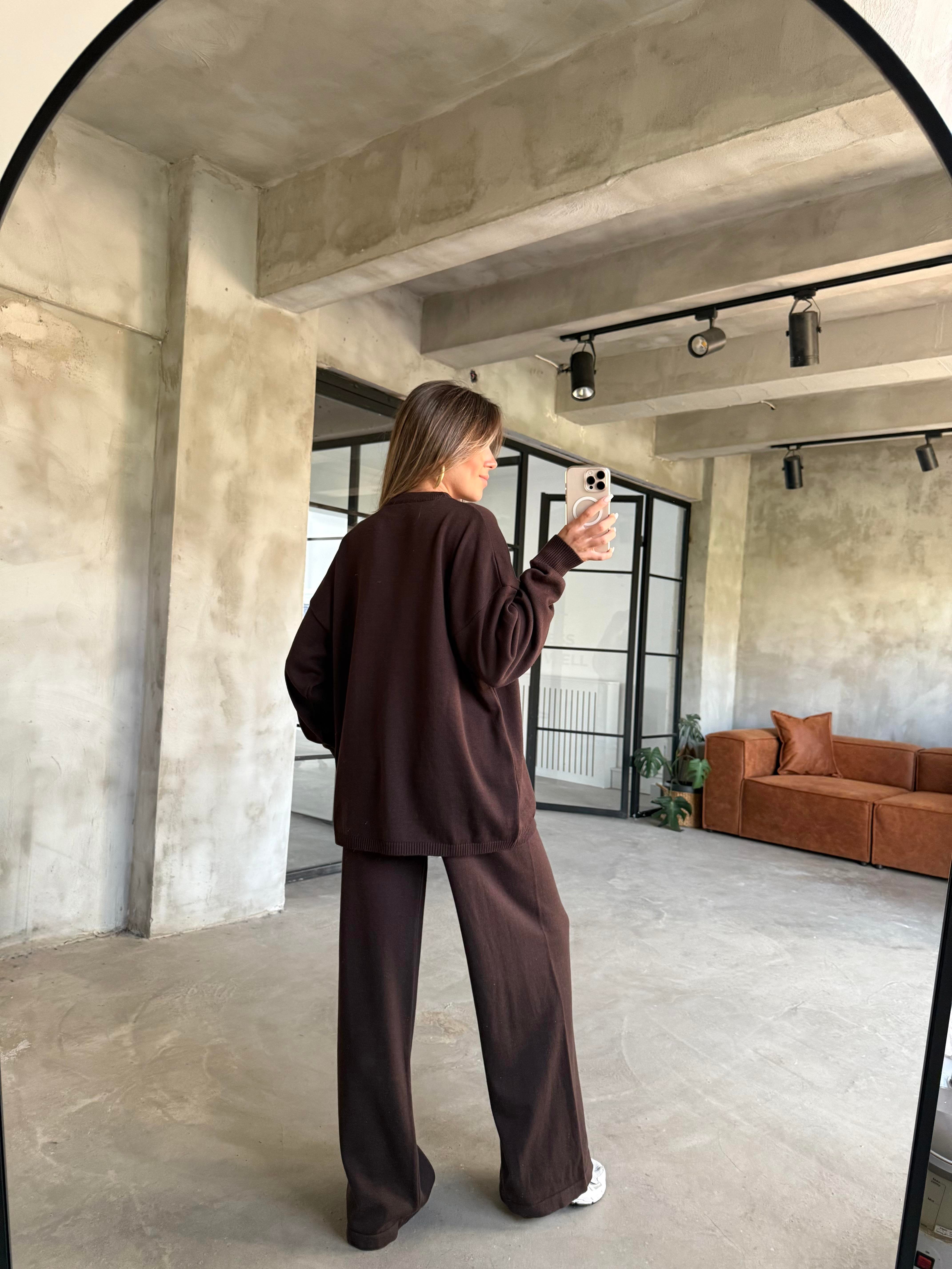 Kahverengi Basic Oversize Triko Takım - Dominatrend