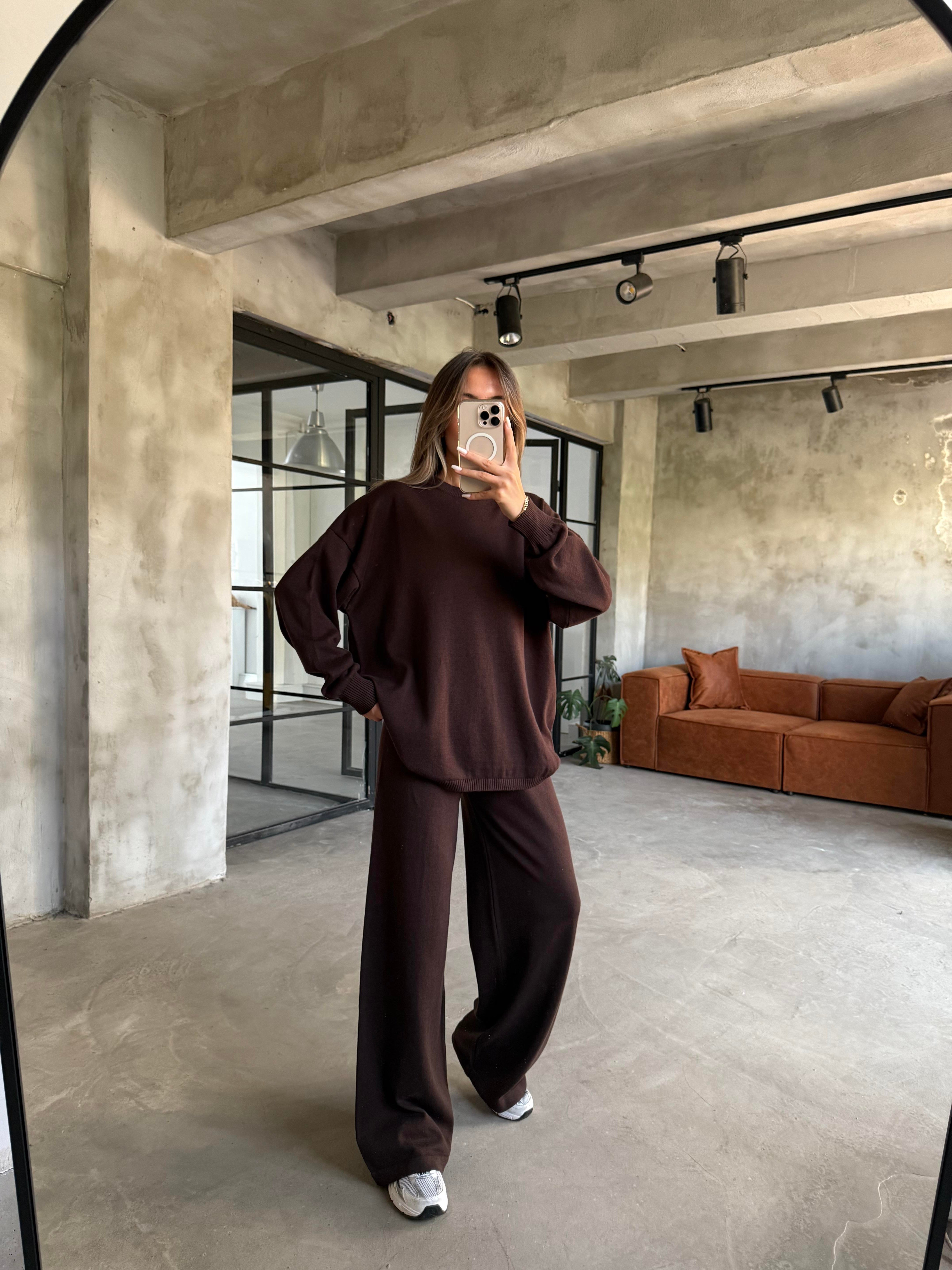 Kahverengi Basic Oversize Triko Takım - Dominatrend