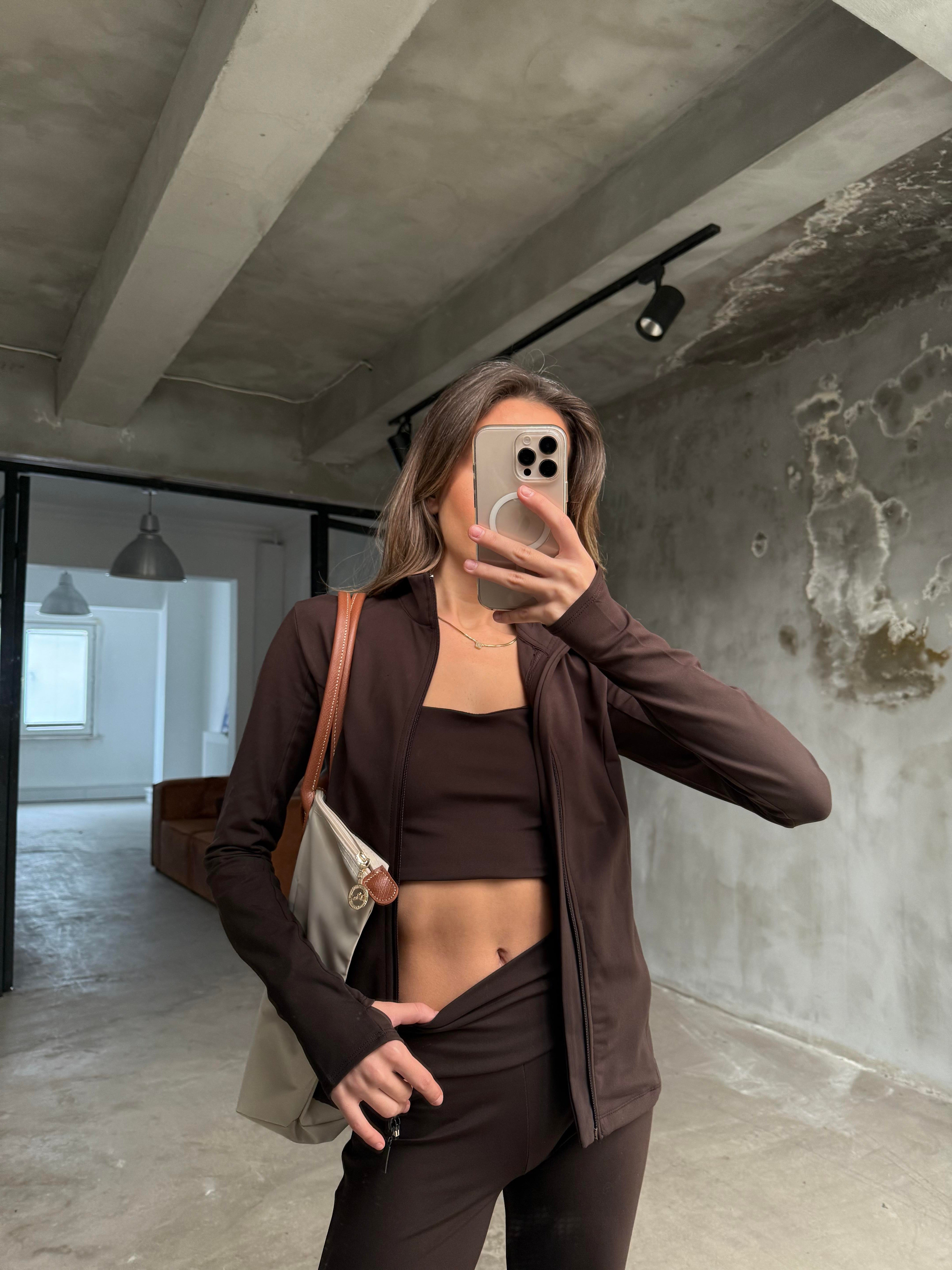 Kahverengi Bralet Tayt Ceket Takım - Dominatrend
