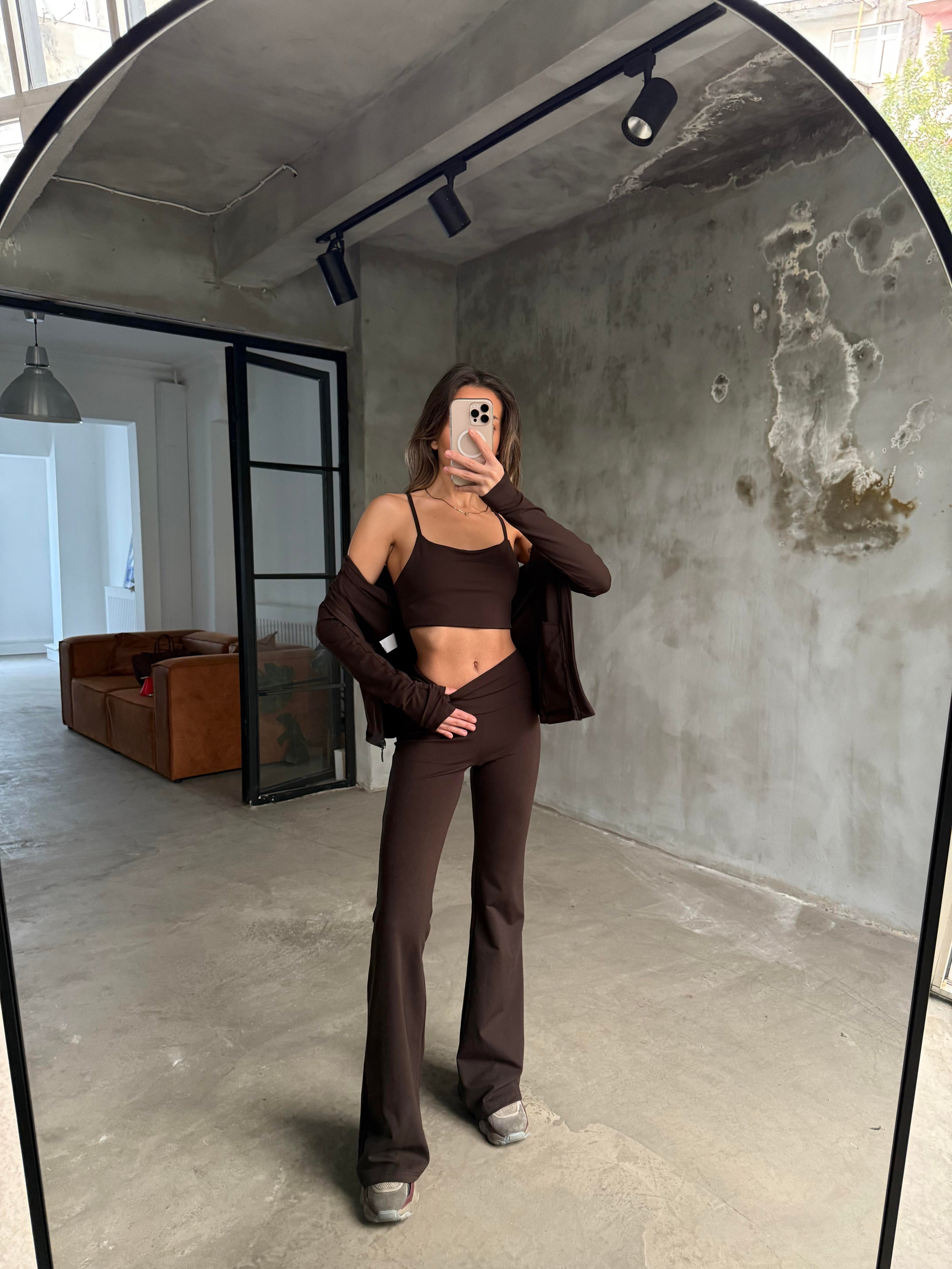 Kahverengi Bralet Tayt Ceket Takım - Dominatrend