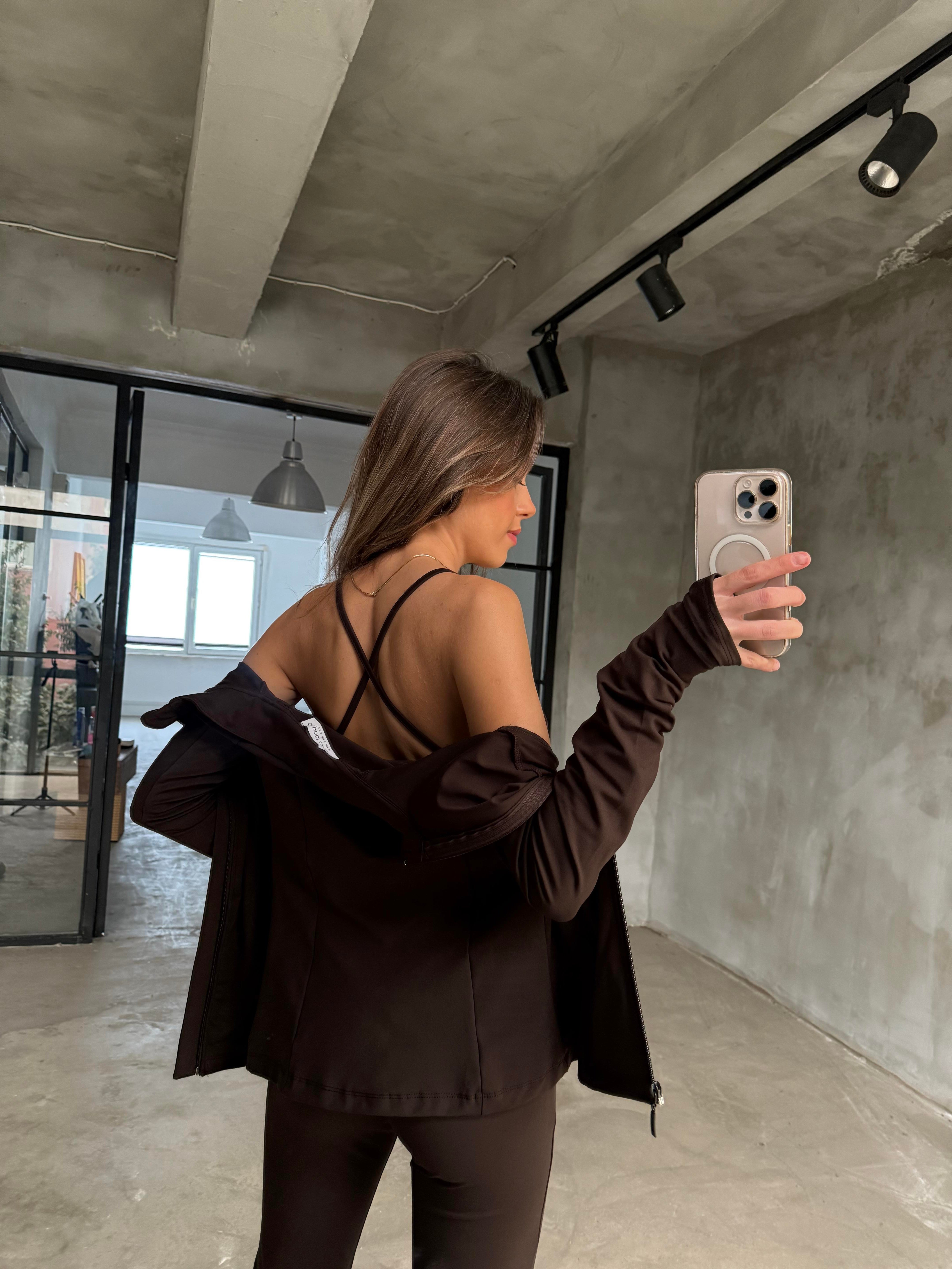 Kahverengi Bralet Tayt Ceket Takım - Dominatrend