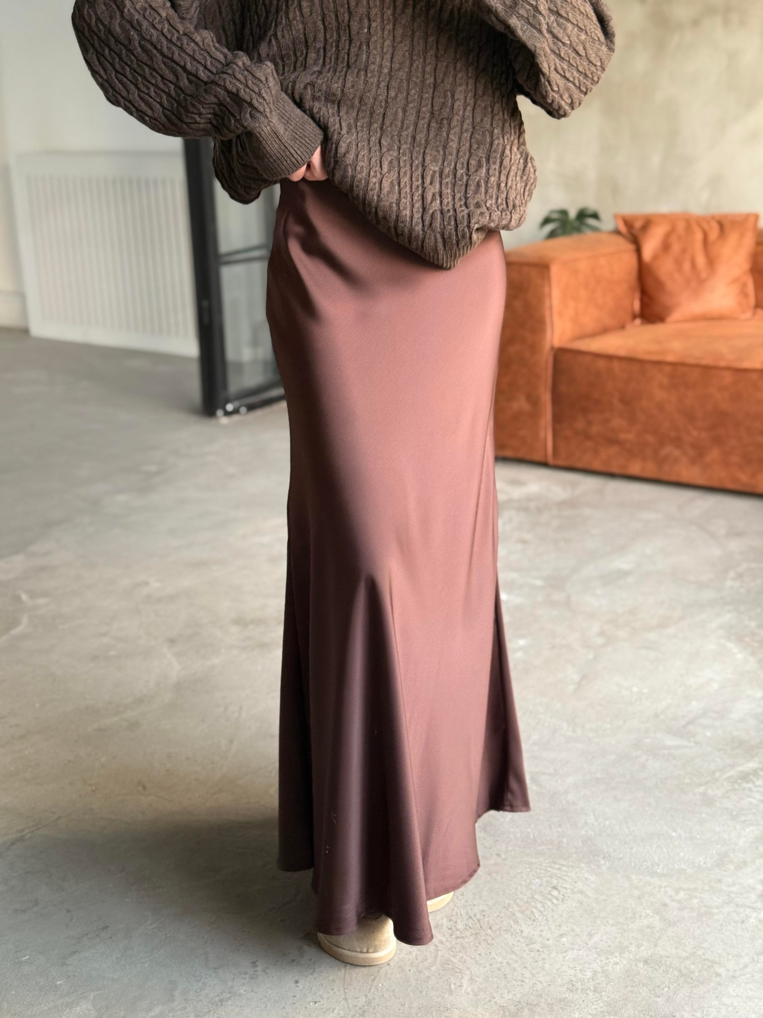 Kahverengi Maxi Saten Etek - Dominatrend