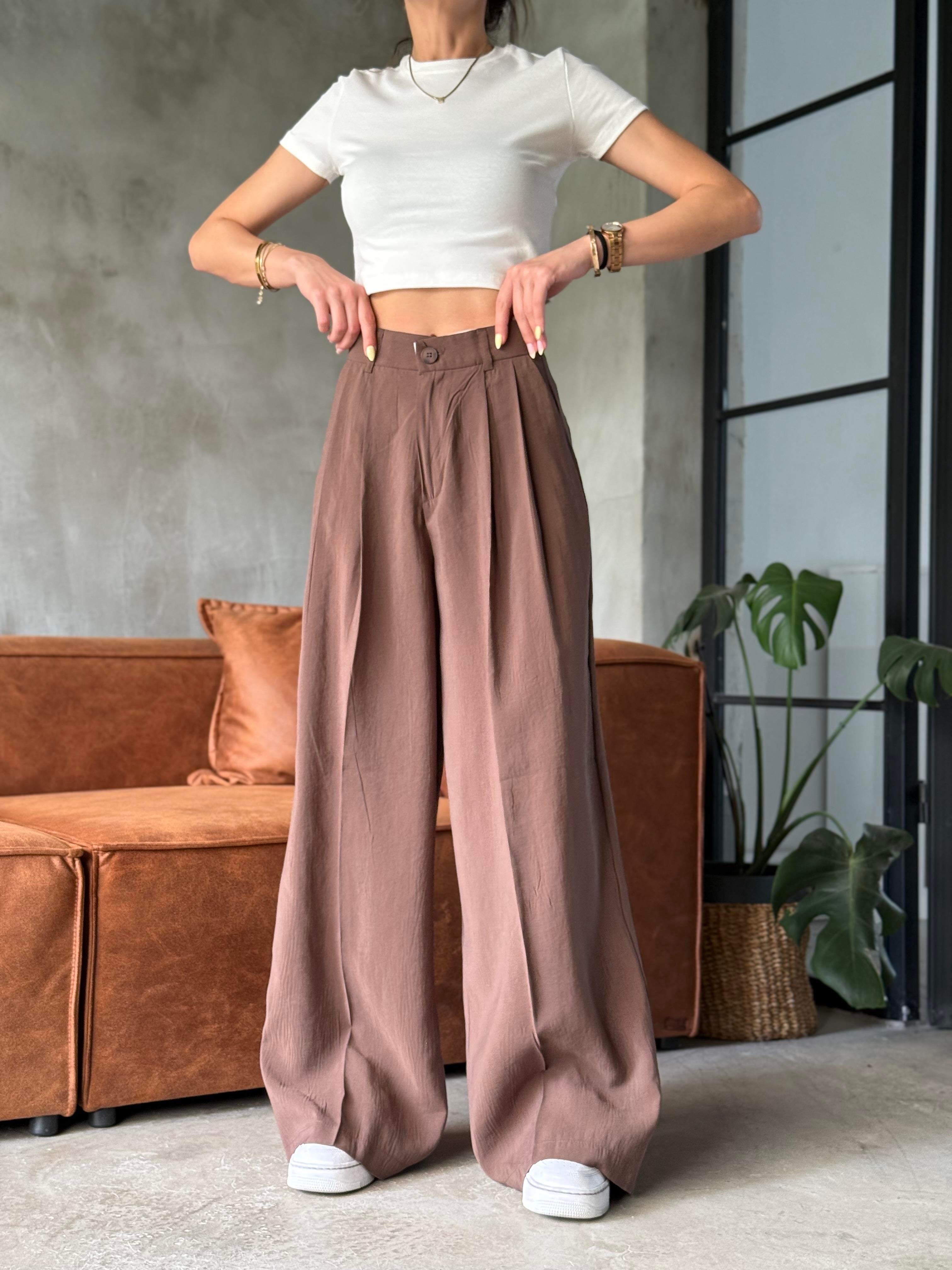 Kahverengi Tencel Pantolon - Dominatrend