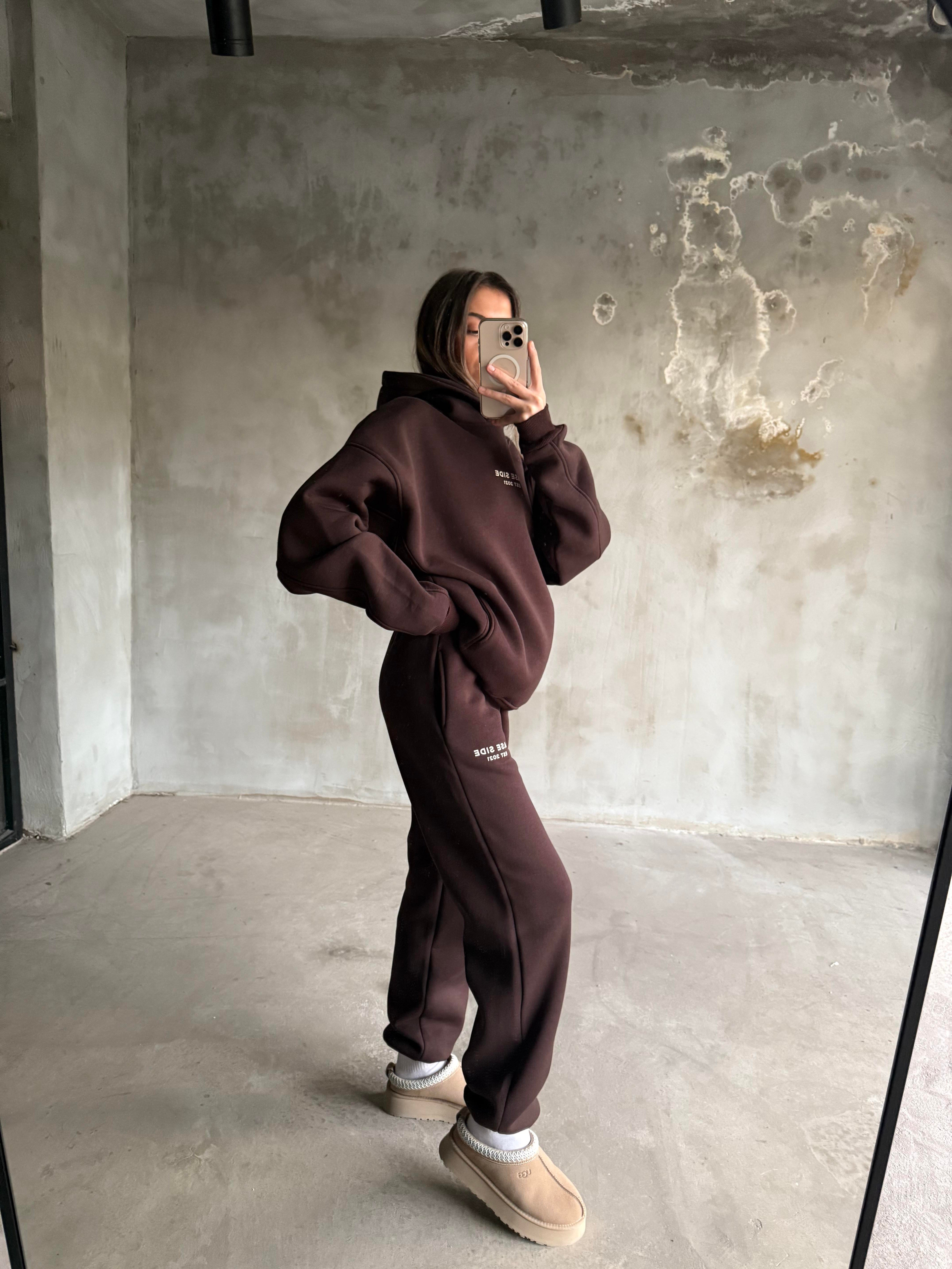 Kahverengi Unisex Base Sıde Oversize Eşofman Takımı - Dominatrend