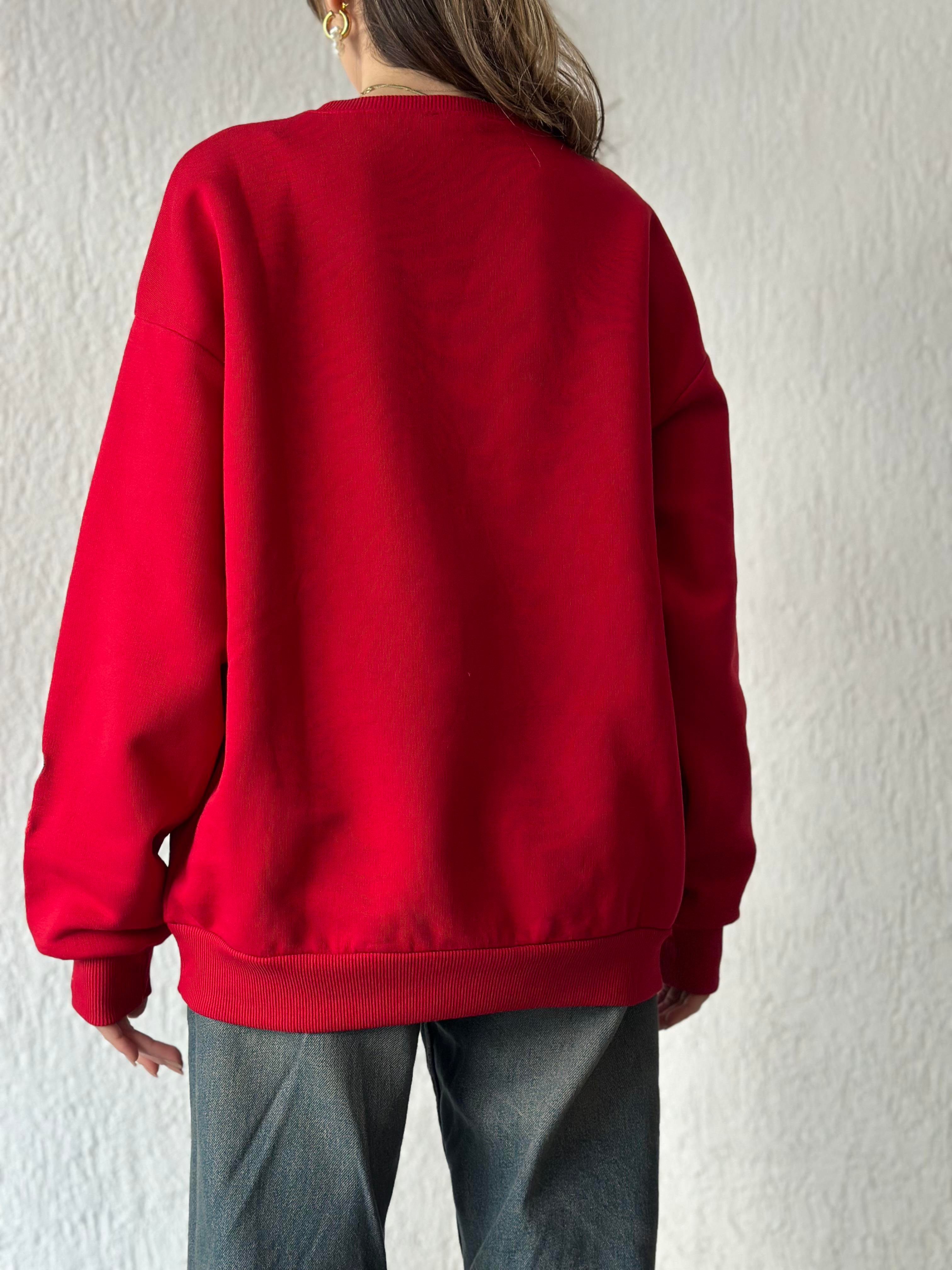Kalp Nakışlı Oversize Sweatshirt - Kırmızı - Dominatrend