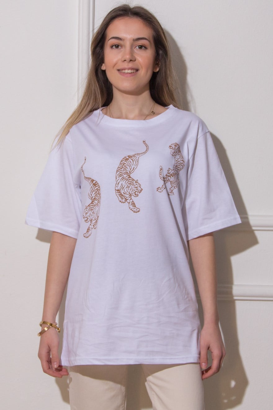 Kaplanlı T-shirt - Beyaz - Dominatrend