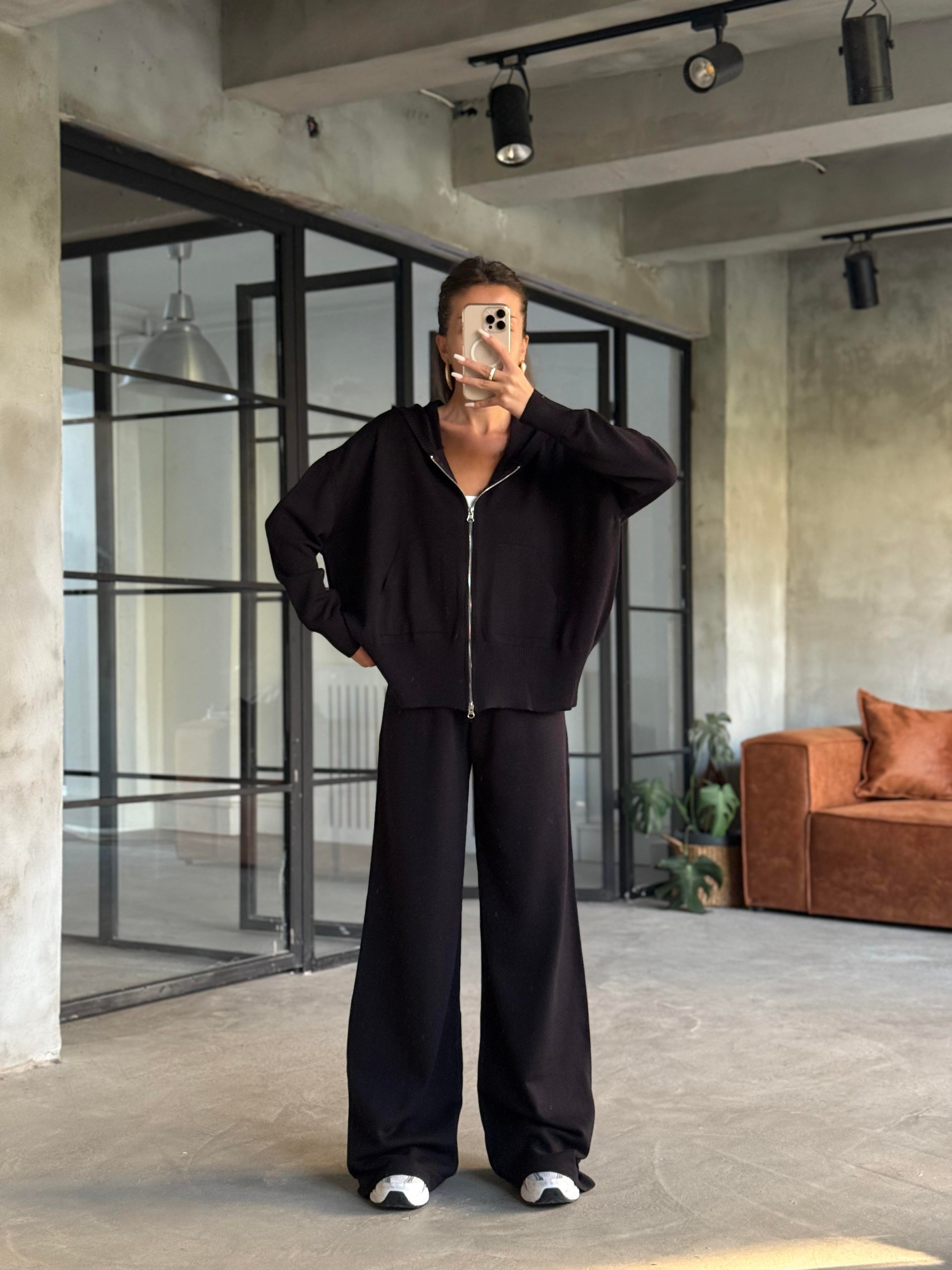 Kapüşonlu Oversize Hırkalı Triko Takım - Siyah - Dominatrend