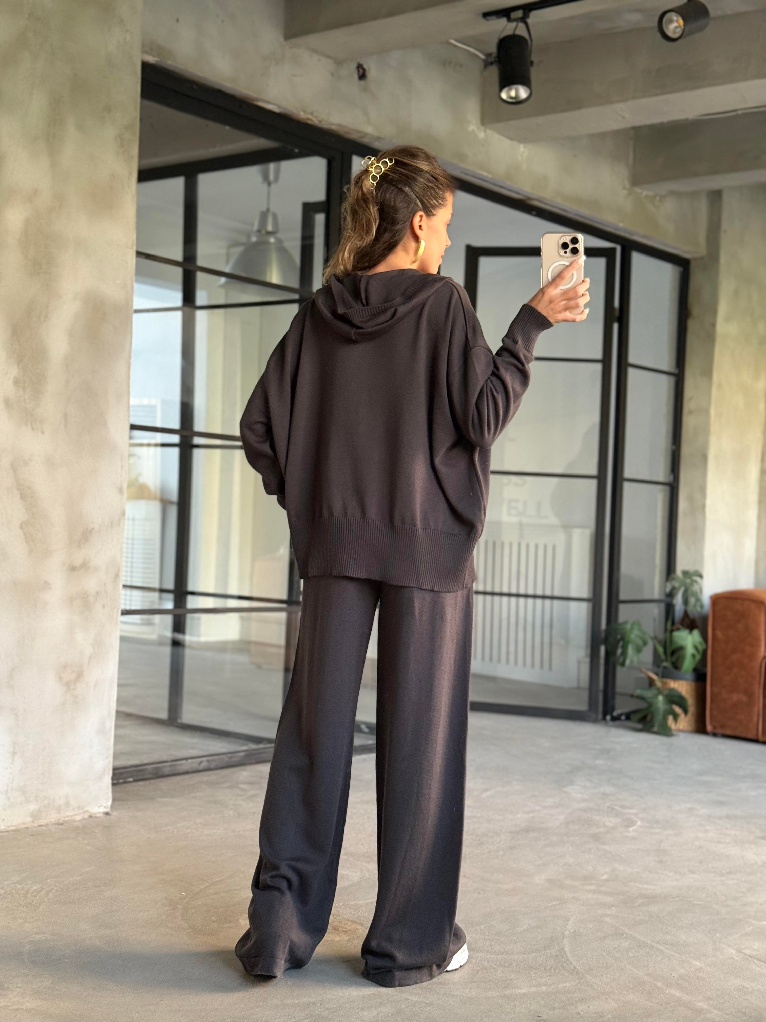 Kapüşonlu Oversize Hırkalı Triko Takım - Antrasit - Dominatrend