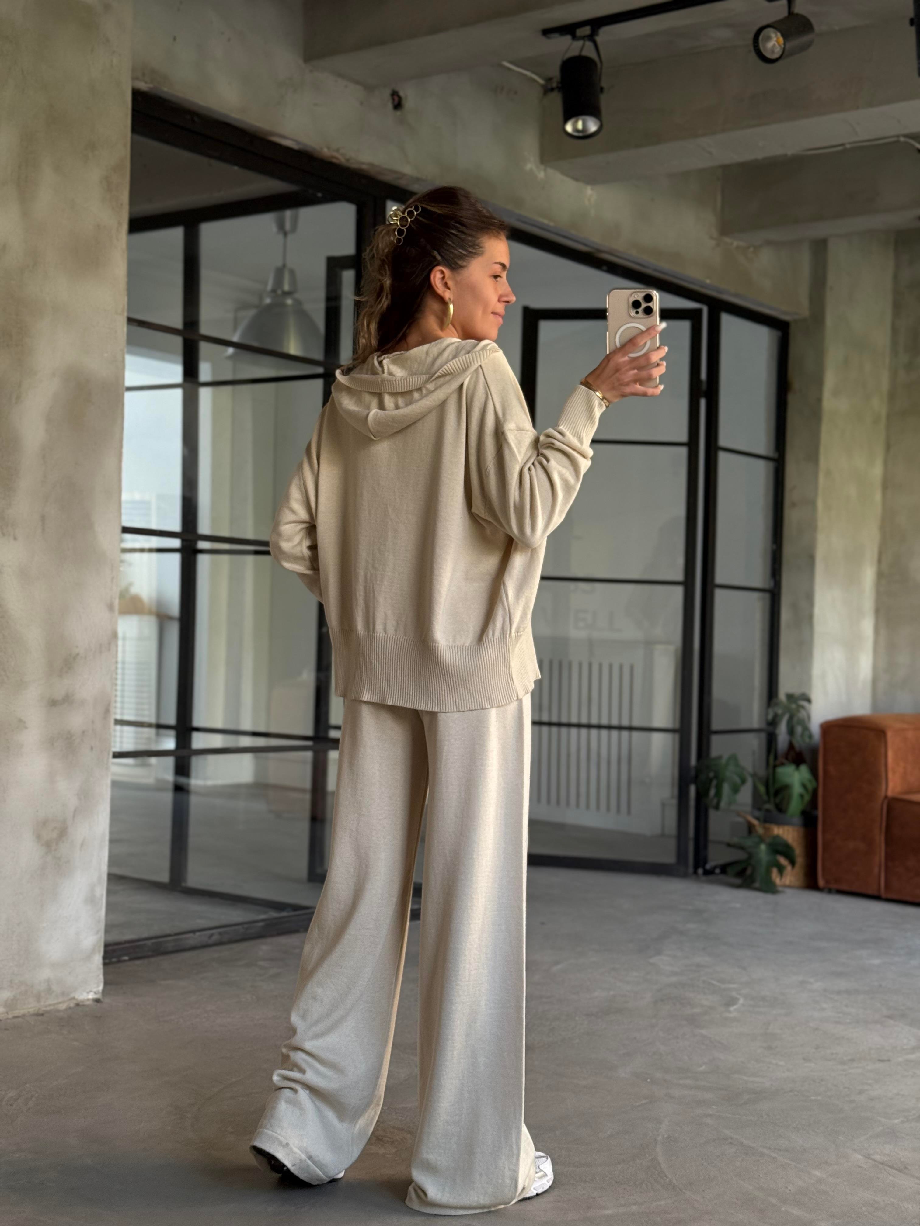 Kapüşonlu Oversize Hırkalı Triko Takım - Bej - Dominatrend