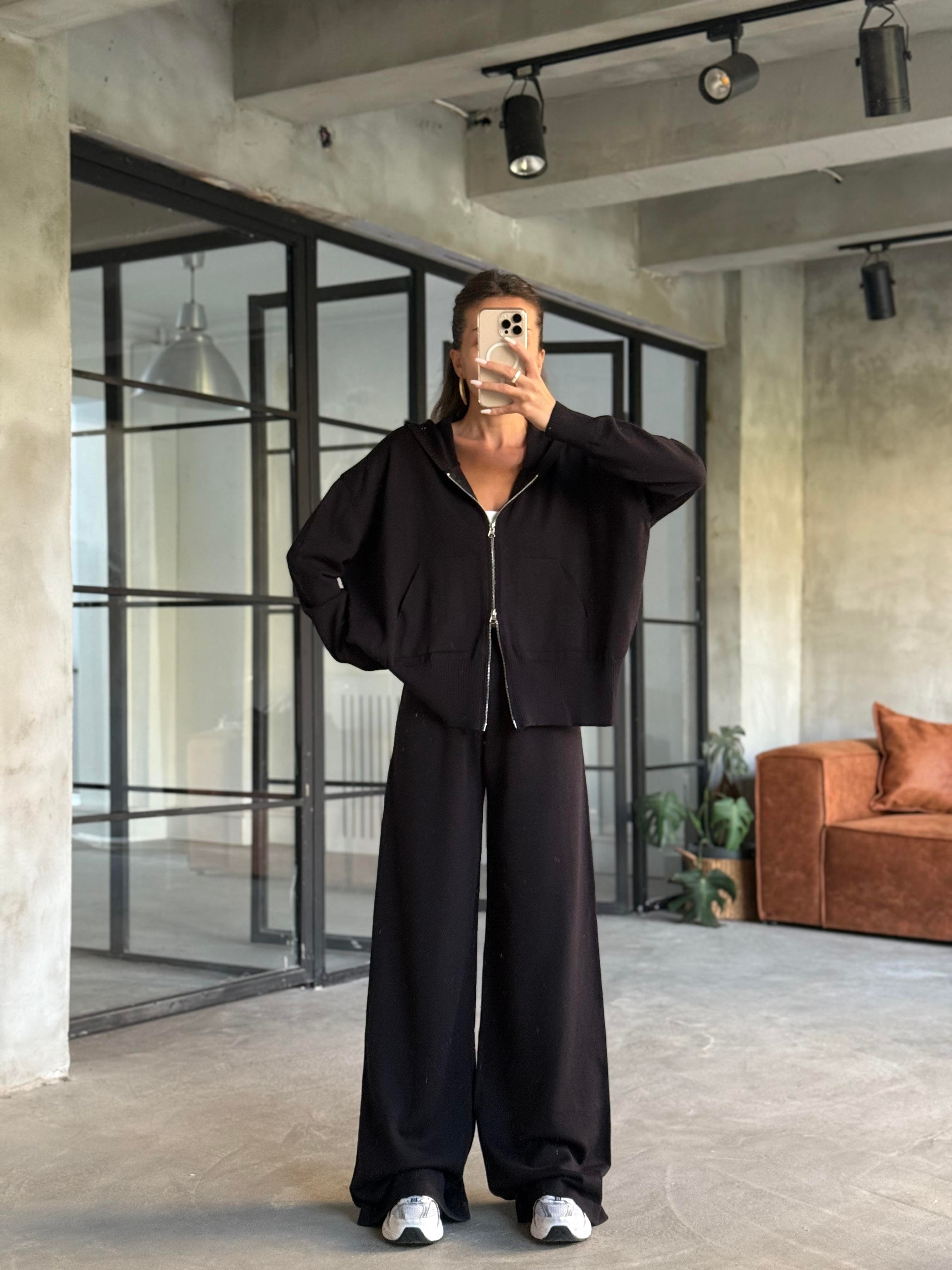 Kapüşonlu Oversize Hırkalı Triko Takım - Siyah - Dominatrend