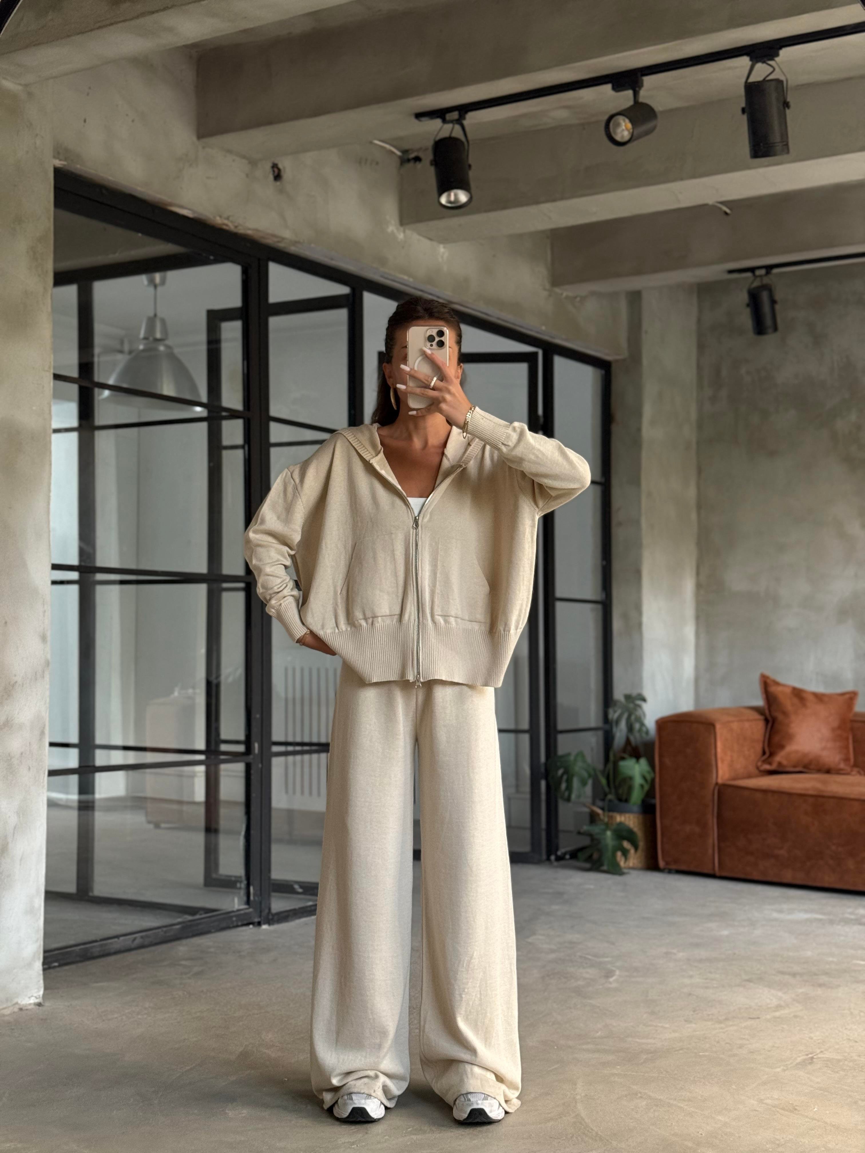 Kapüşonlu Oversize Hırkalı Triko Takım - Bej - Dominatrend