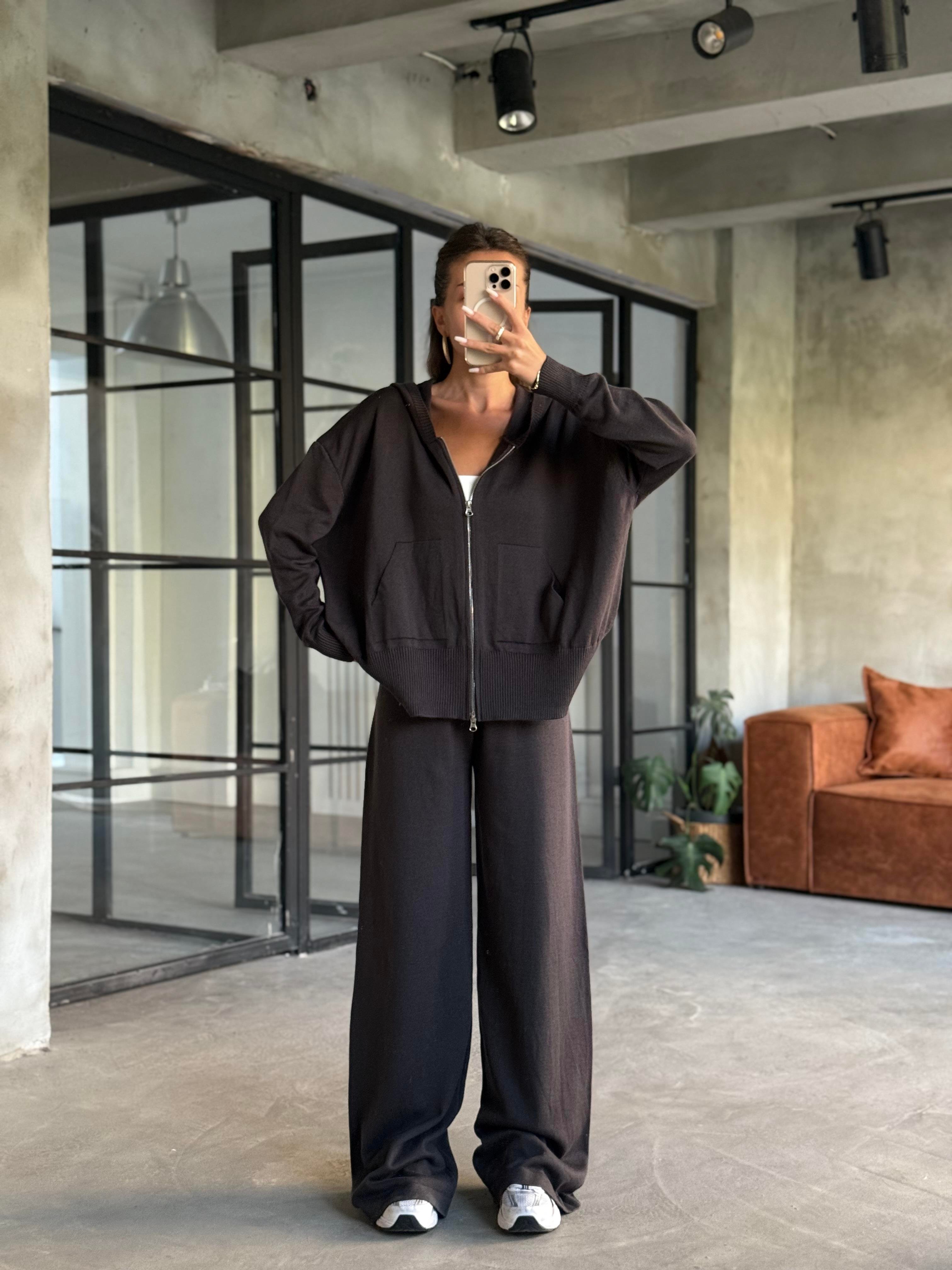 Kapüşonlu Oversize Hırkalı Triko Takım - Antrasit - Dominatrend