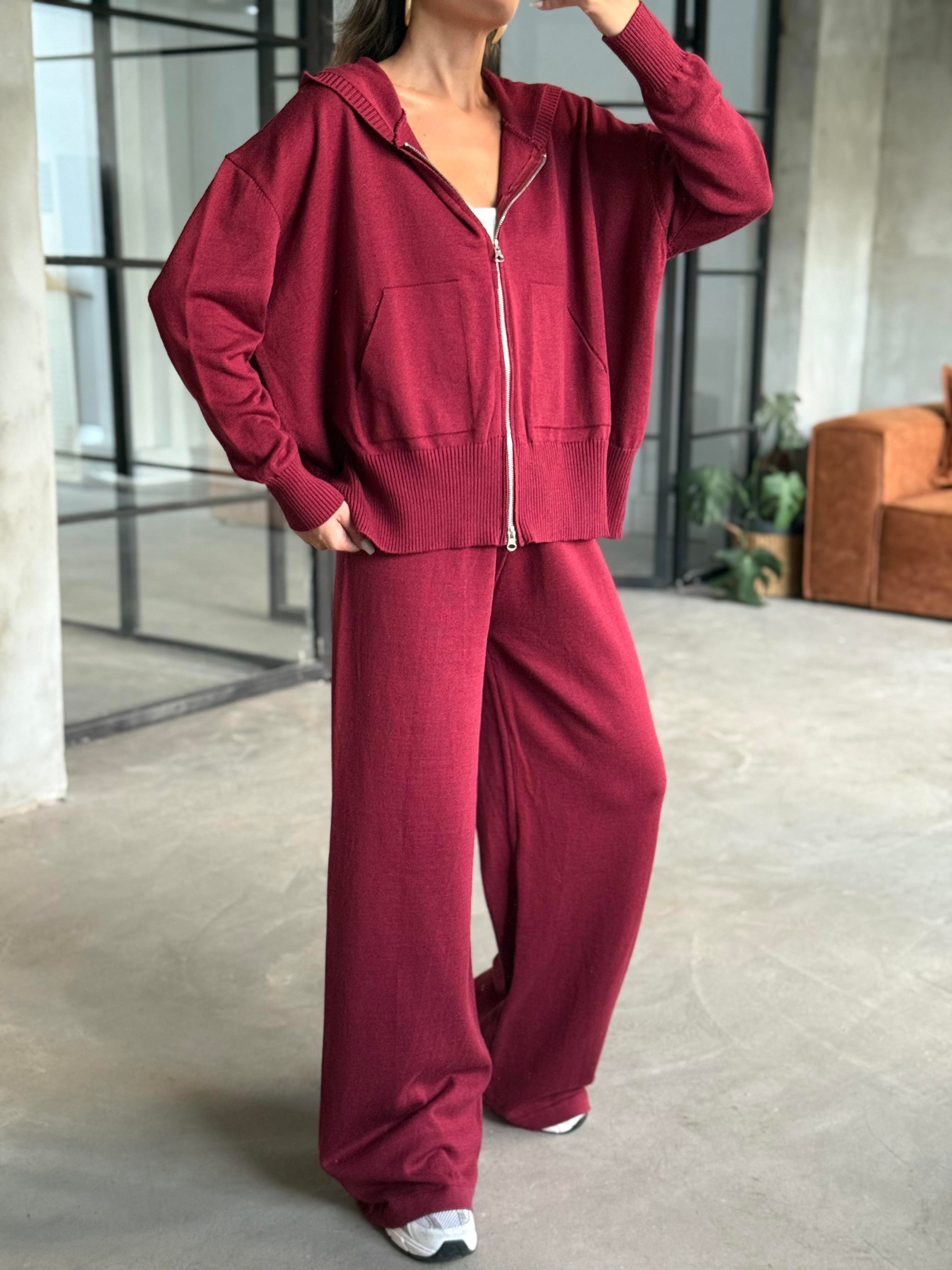 Kapüşonlu Oversize Hırkalı Triko Takım - Mürdüm - Dominatrend