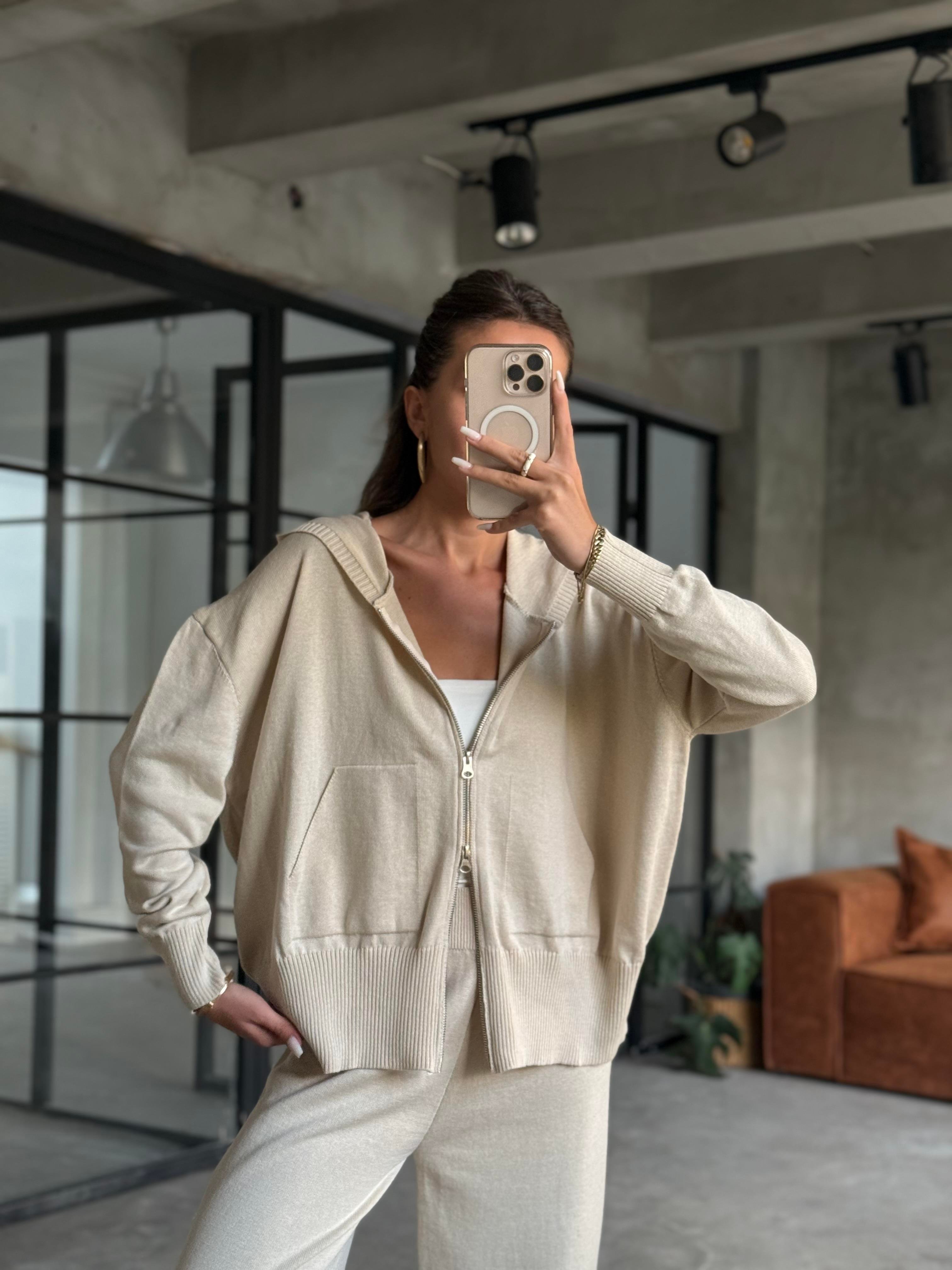 Kapüşonlu Oversize Hırkalı Triko Takım - Bej - Dominatrend